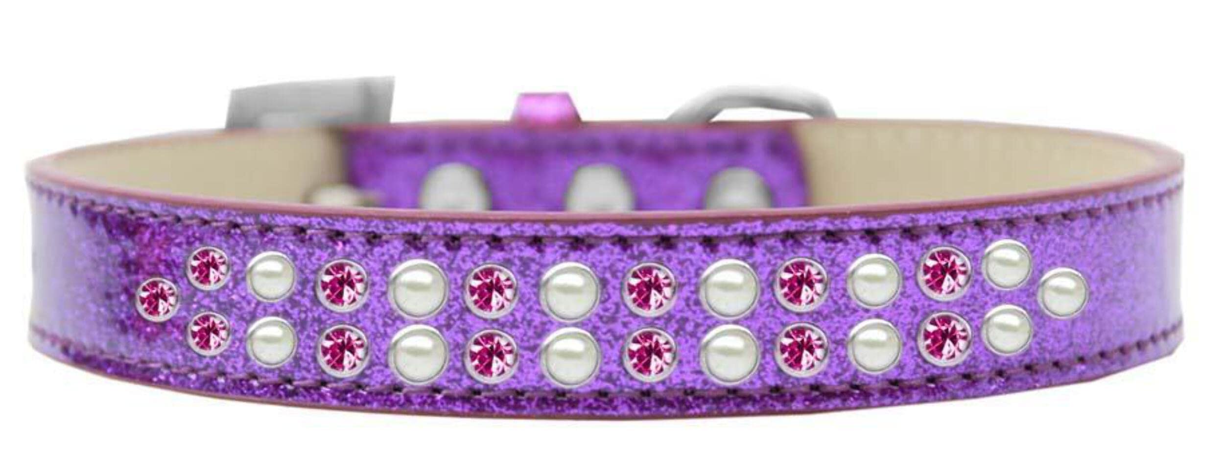 Mirage Pet Products Two Row Pearl and Pink Crystal Ice Cream Dog Collar, Size 12, Purple
