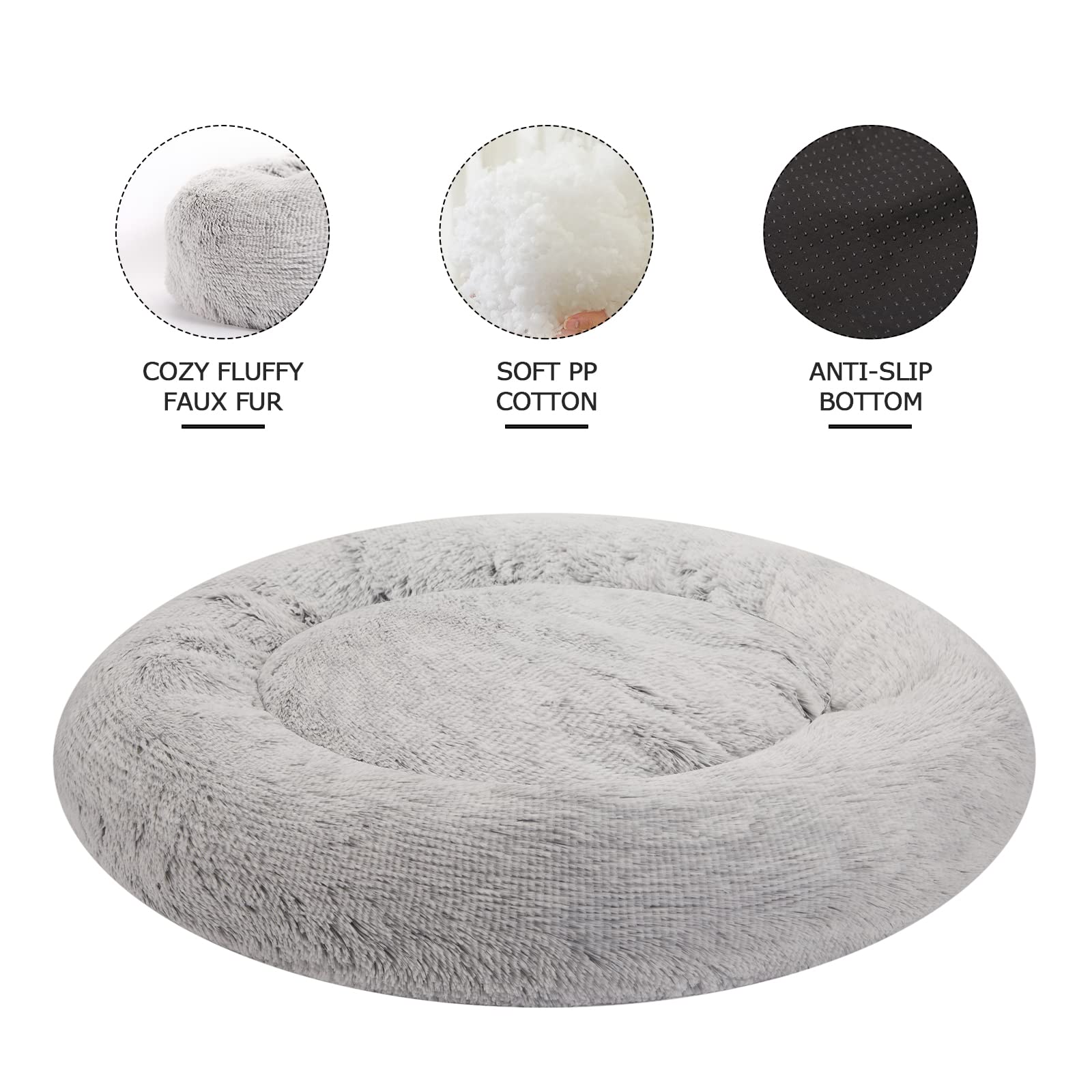 Bedfolks Calming Donut Dog Bed, Extra Large 45" Fluffy Plush, Light Grey, Anti-Anxiety, Washable with Non-Slip Bottom