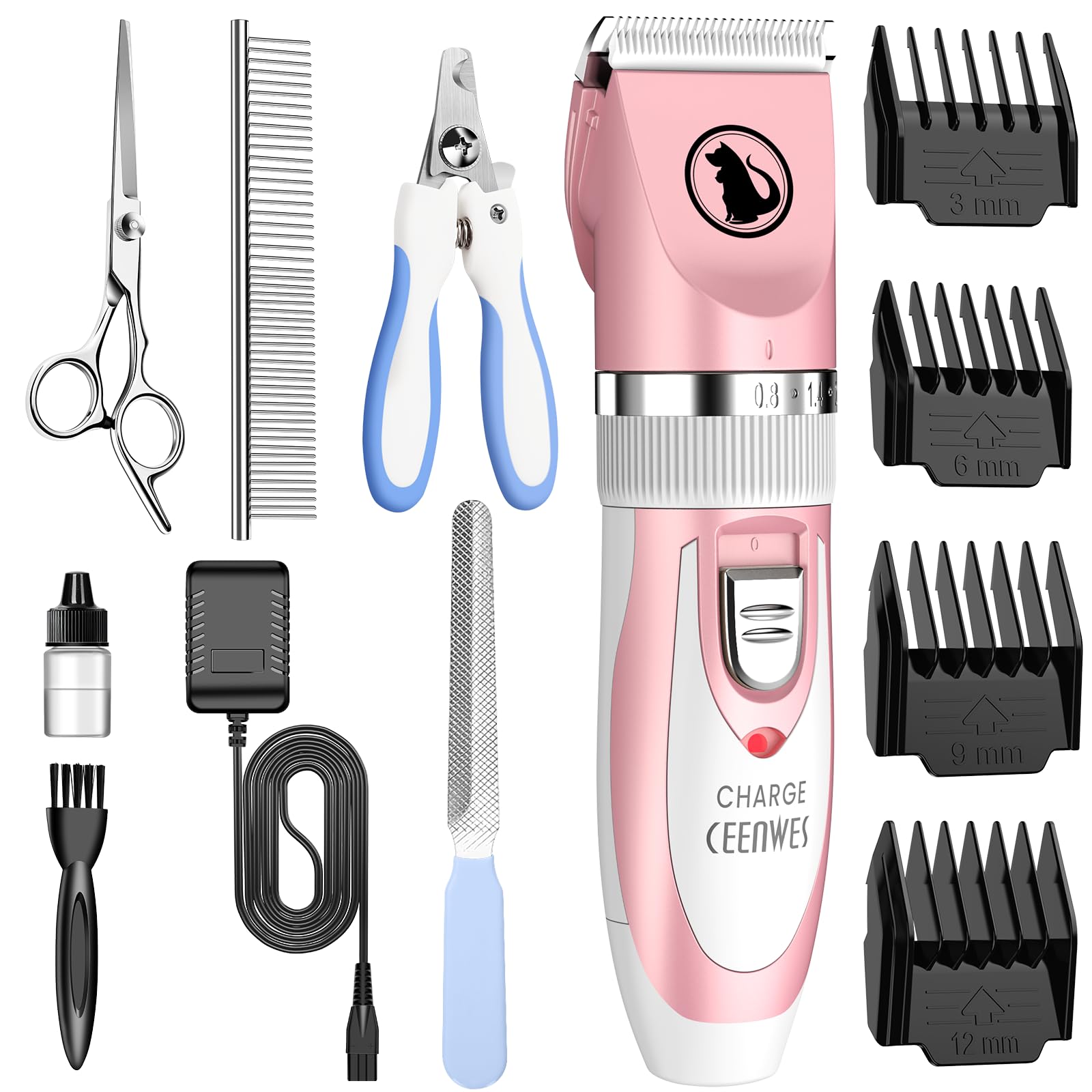 Ceenwes Dog Clippers Low Noise Cat Clippers Rechargeable Dog Trimmer Cordless Pet Grooming Tool Professional Dog Hair Trimmer With Comb Guides Scissors Nail Kits For Dogs Cats & Other(Pink),1 Count