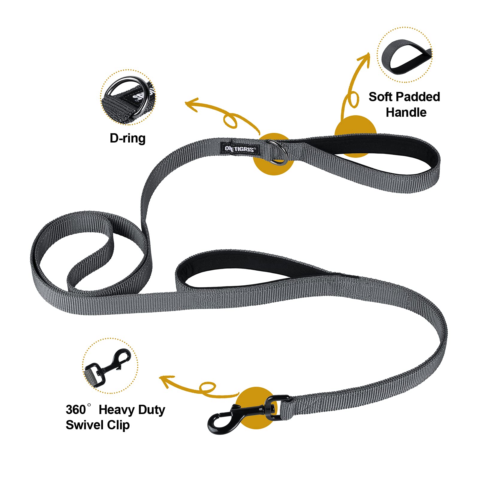 Onetigris Handled No-Pull Dog Walking Leash Long Traffic Leads For Medium To Large Dogs (Grey, 6Ft)