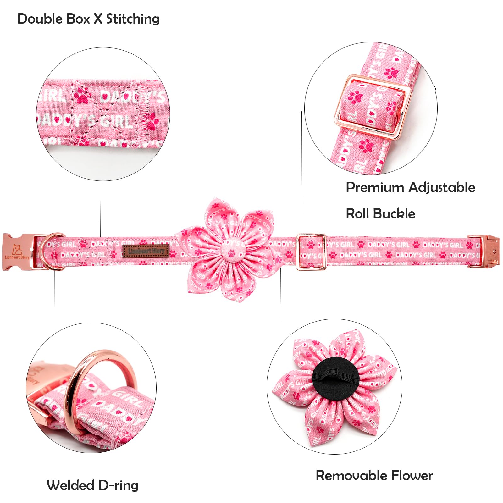 Lionheart Glory Valentine'S Day Dog Collar With Flower For Medium Dogs - Pink With Bowtie, Spring Pet Collar Flowers