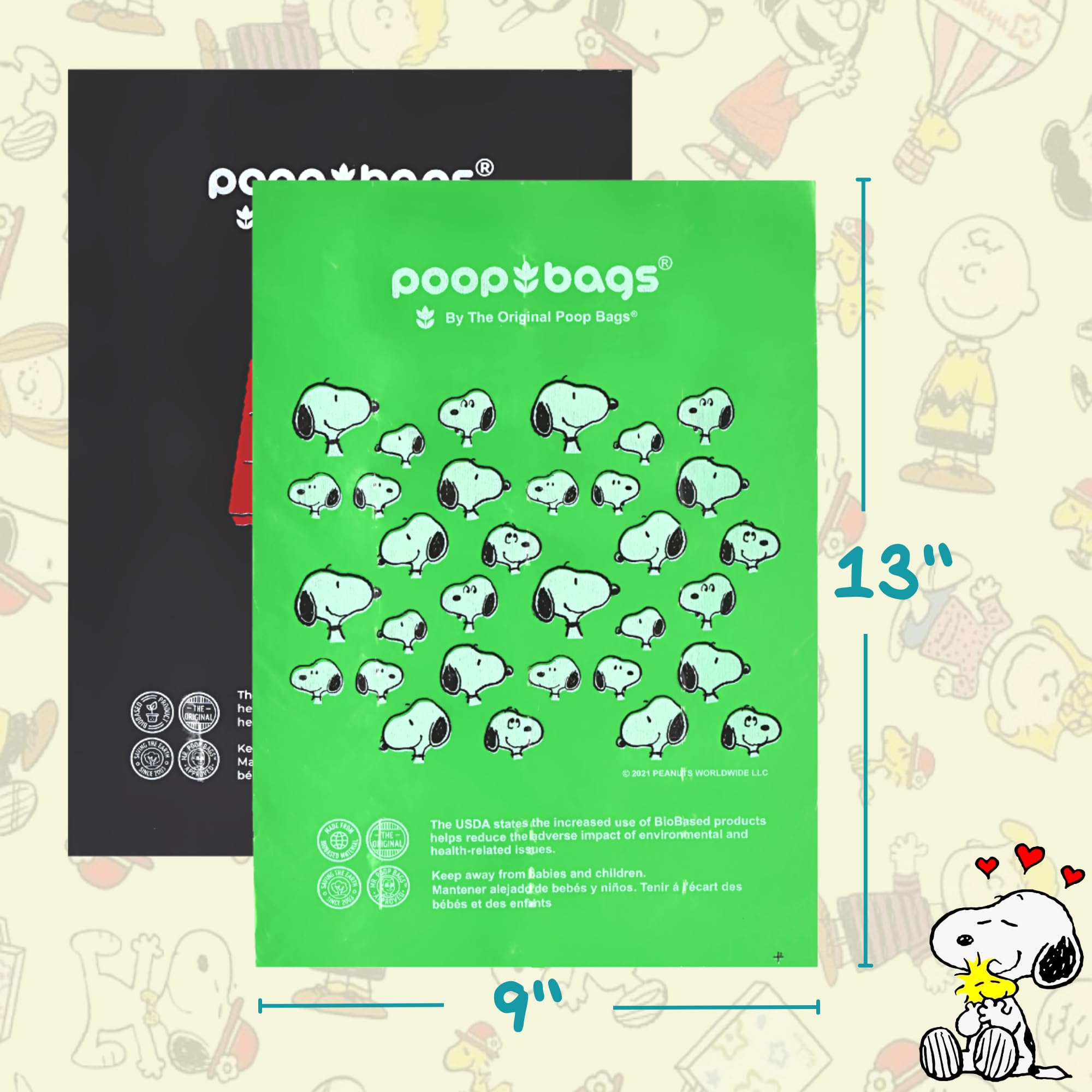 The Original Poop Bags USDA Biobased Pet Waste Bags - Peanuts Characters - Durable, Leak Resistant, 360 Count, BLK/GREEN
