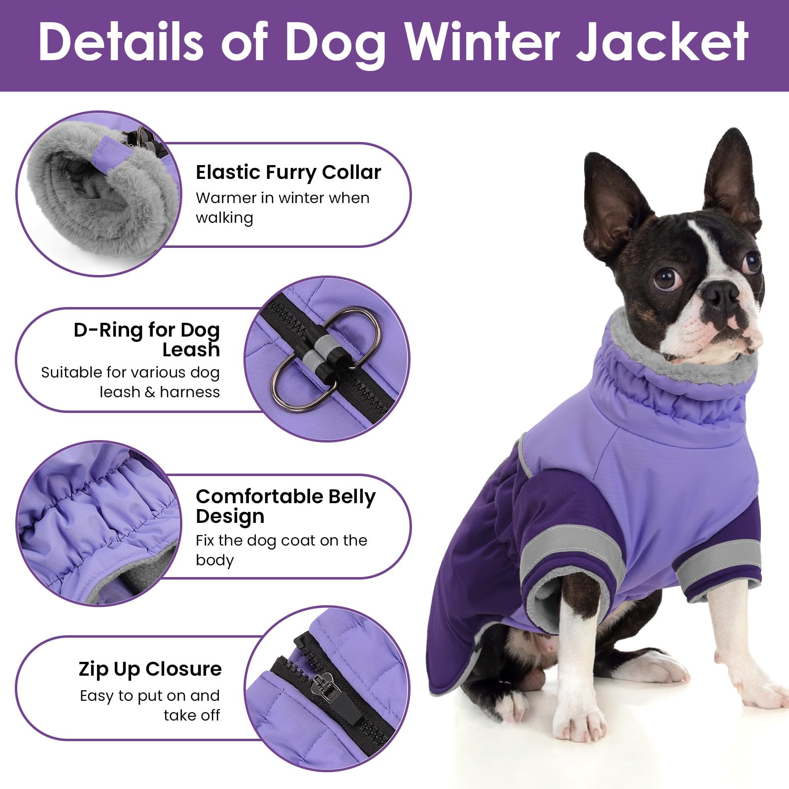 SUNFURA Dog Coat - Turtleneck Fleece Puffer Jacket for Medium Dogs, Purple, Model 1308-SF-528MF, Reflective, Winter Snowsuit