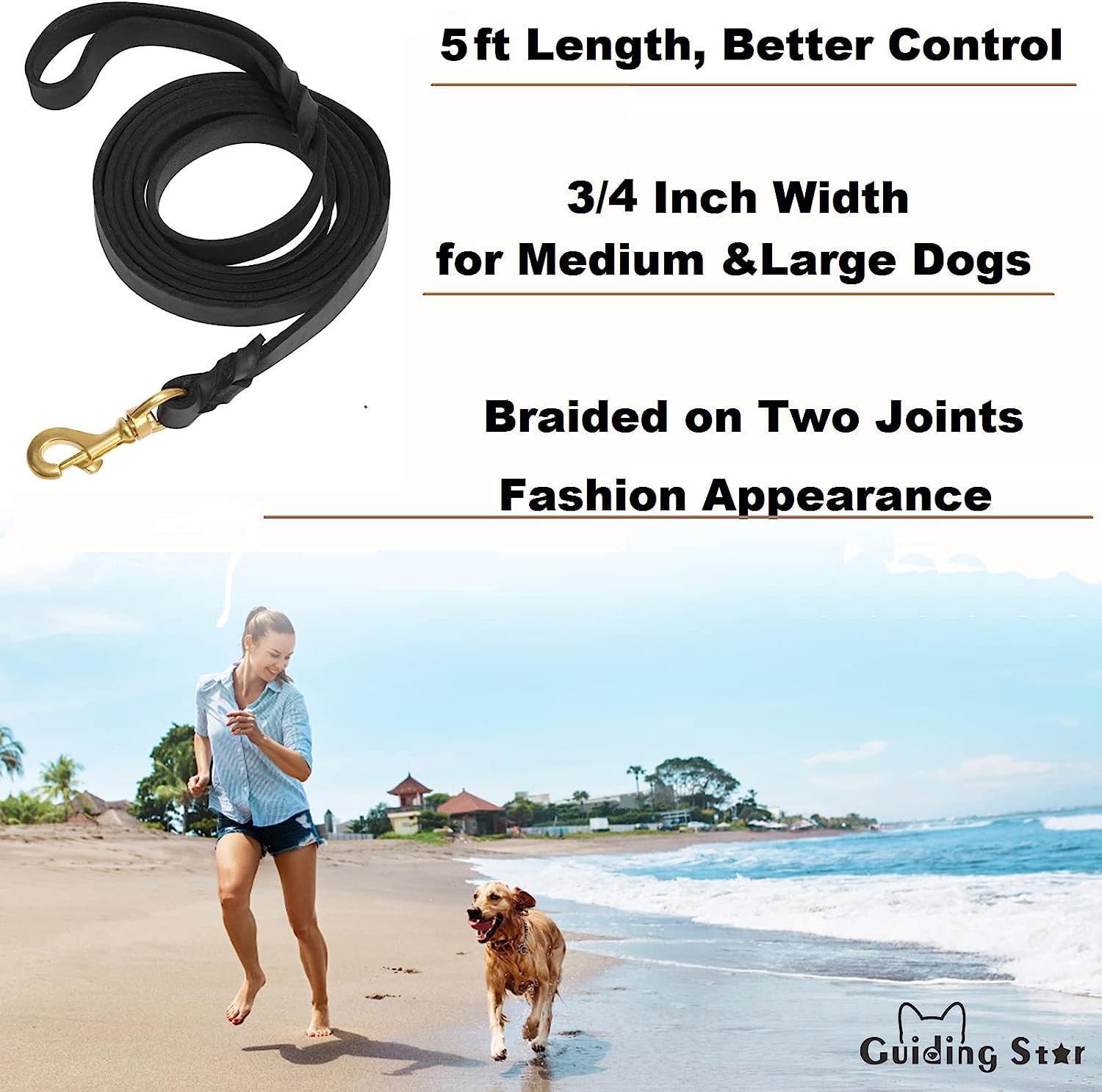 Guiding Star Leather Dog Leash 5ft, Dog Leashes for Large Dogs Heavy Duty, Soft Braided Handmade Leather Training Leash for Larg