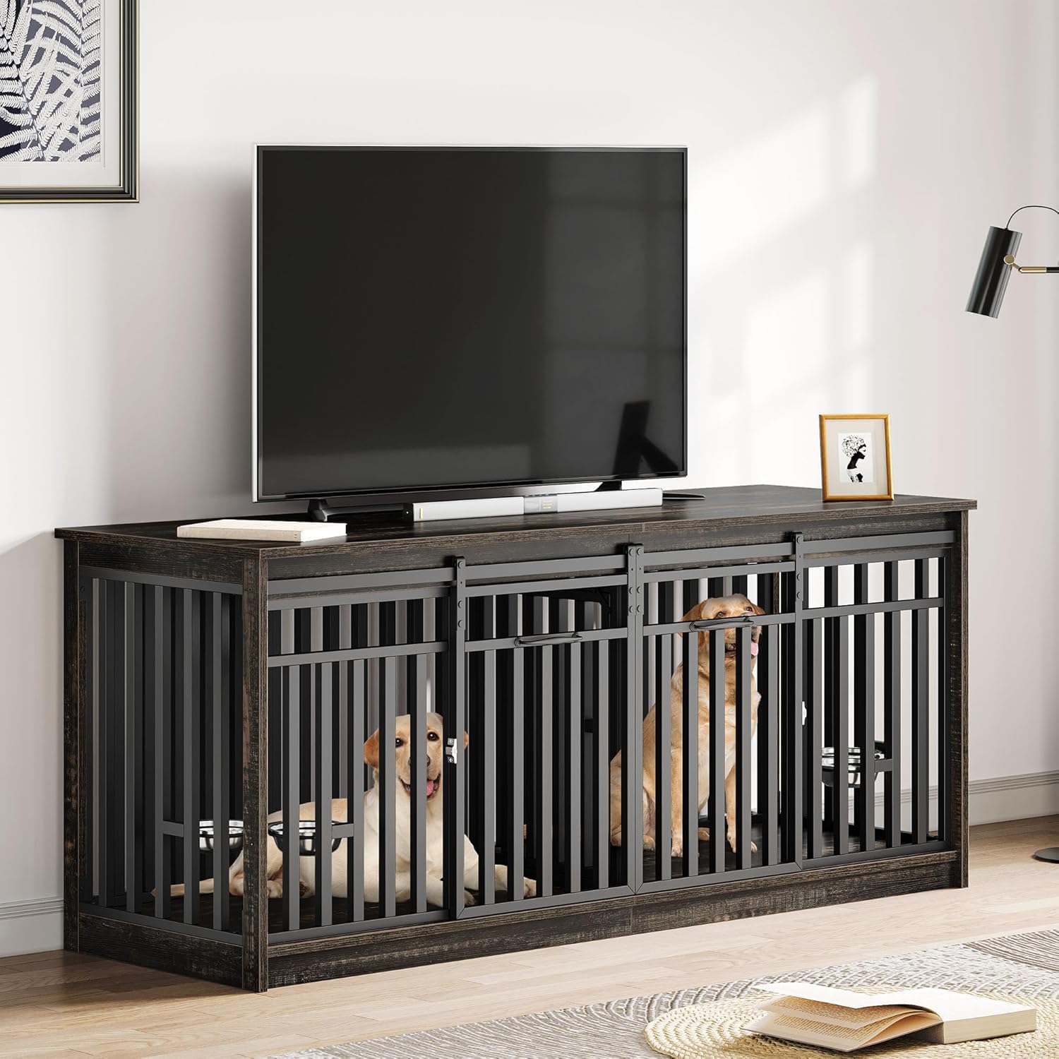 YITAHOME 71 Inch Double Dog Crate Furniture for 2 Dogs, Heavy Duty Wooden Crate TV Stand with 4 Bowls, Dog Kennel Indoor Furnitu