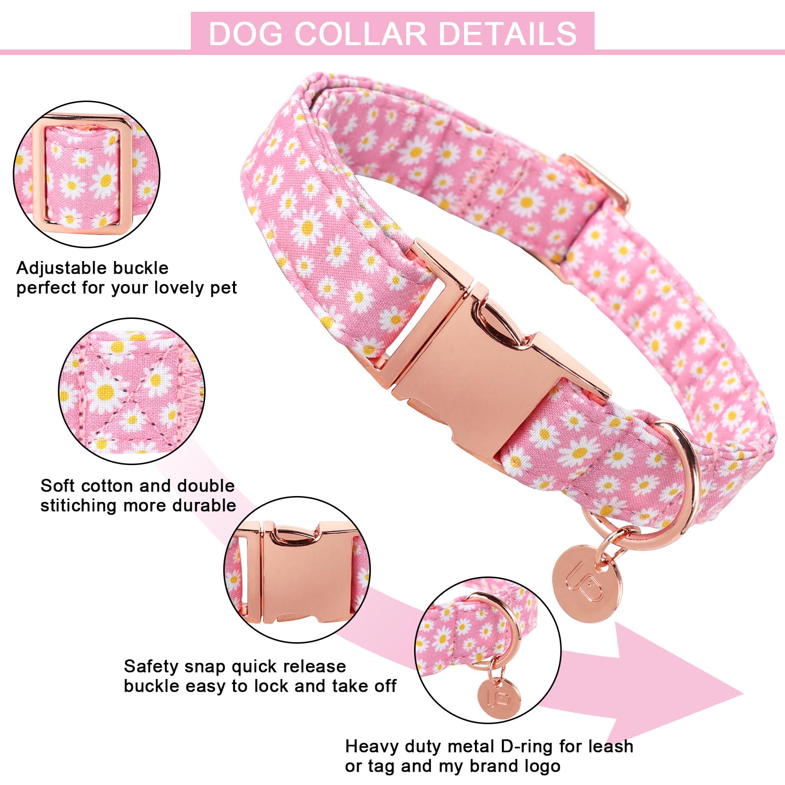 Up Urara Pup Daisy Summer Cotton Dog Collar With Metal Buckle Gift Pink Collar For Small Medium Large Girls Or Boys Dogs Cute Du