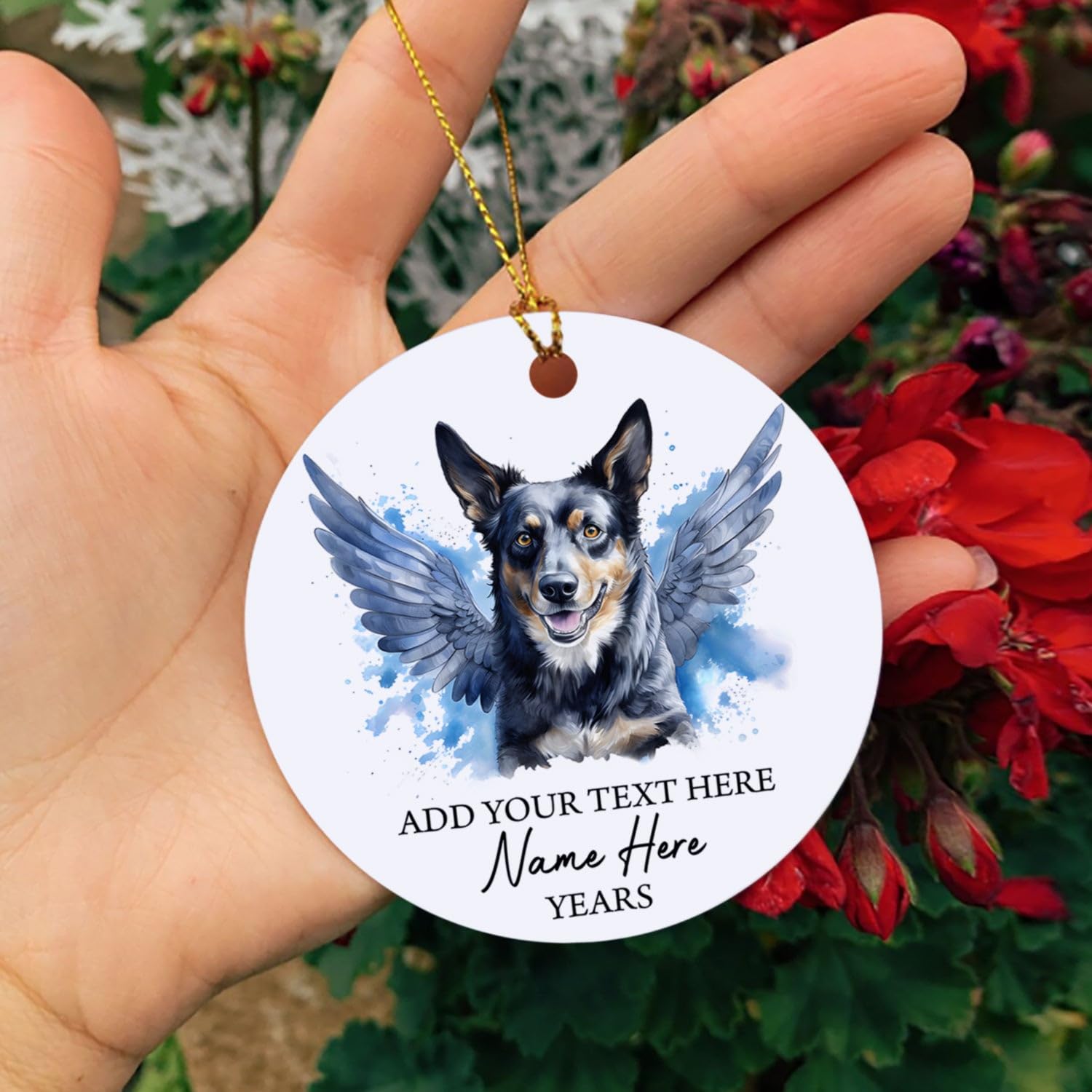 Blue Heeler Dog Memorial Ornament, Blue Heeler With Angel Wings Christmas Ornament, Blue Heeler Dog Loss Gifts For Dog Mom Dog Dad, Custom Text Name & Year Xmas Tree Hanging, Blue Heeler Ornaments