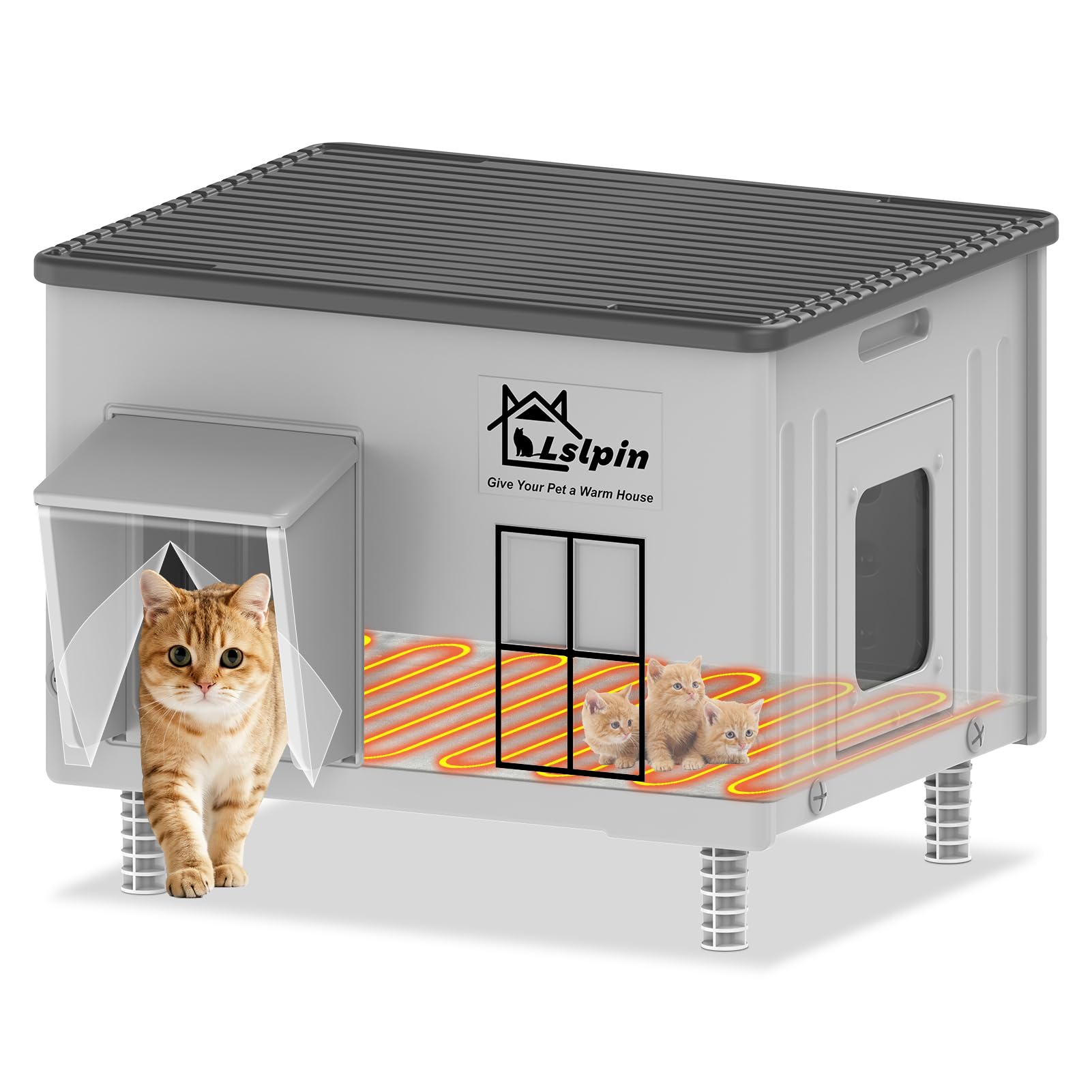 Large Heated Cat House for Outside Cats in Winter, Lslpin Weatherproof & Insulated Outdoor Feral Cat House with Escape Door,Outs