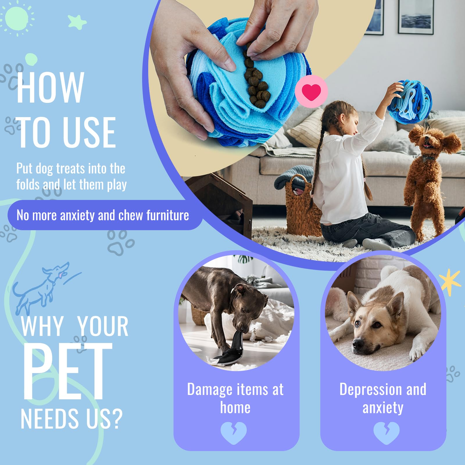 Larimuer Pet Snuffle Ball, Puzzle Sniffing Interactive Dog Toy For Blind Dogs Training, Stress Relief, Dog Enrichment Treat Ball