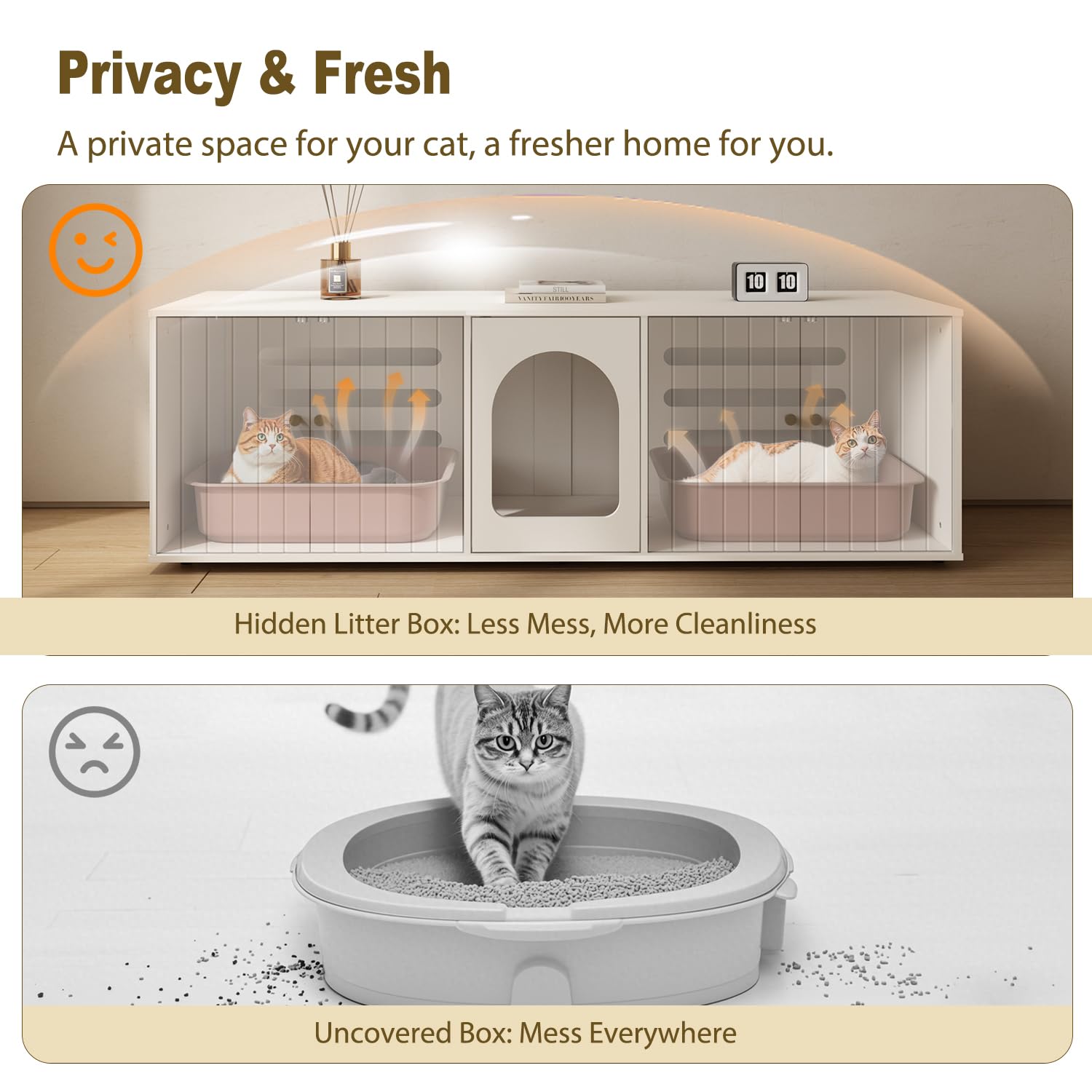 Cat Litter Box Enclosure For 2 Cats, Litter Box Furniture With Double Room, Central Entry, And Dual Use As Tv Stand For Living R