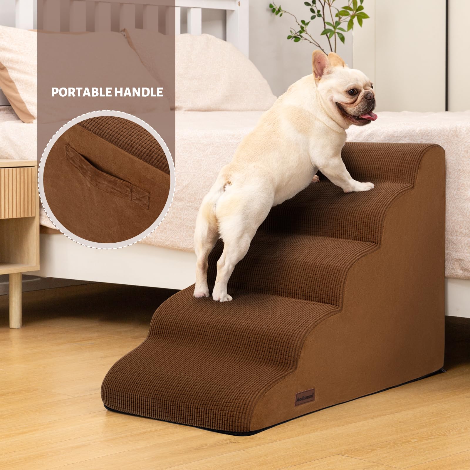Aodisman 5-Step Dog Stairs Ramp for High Bed, Non-Slip Foam Steps, 22.2" H, Brown, Model Y02-Brown