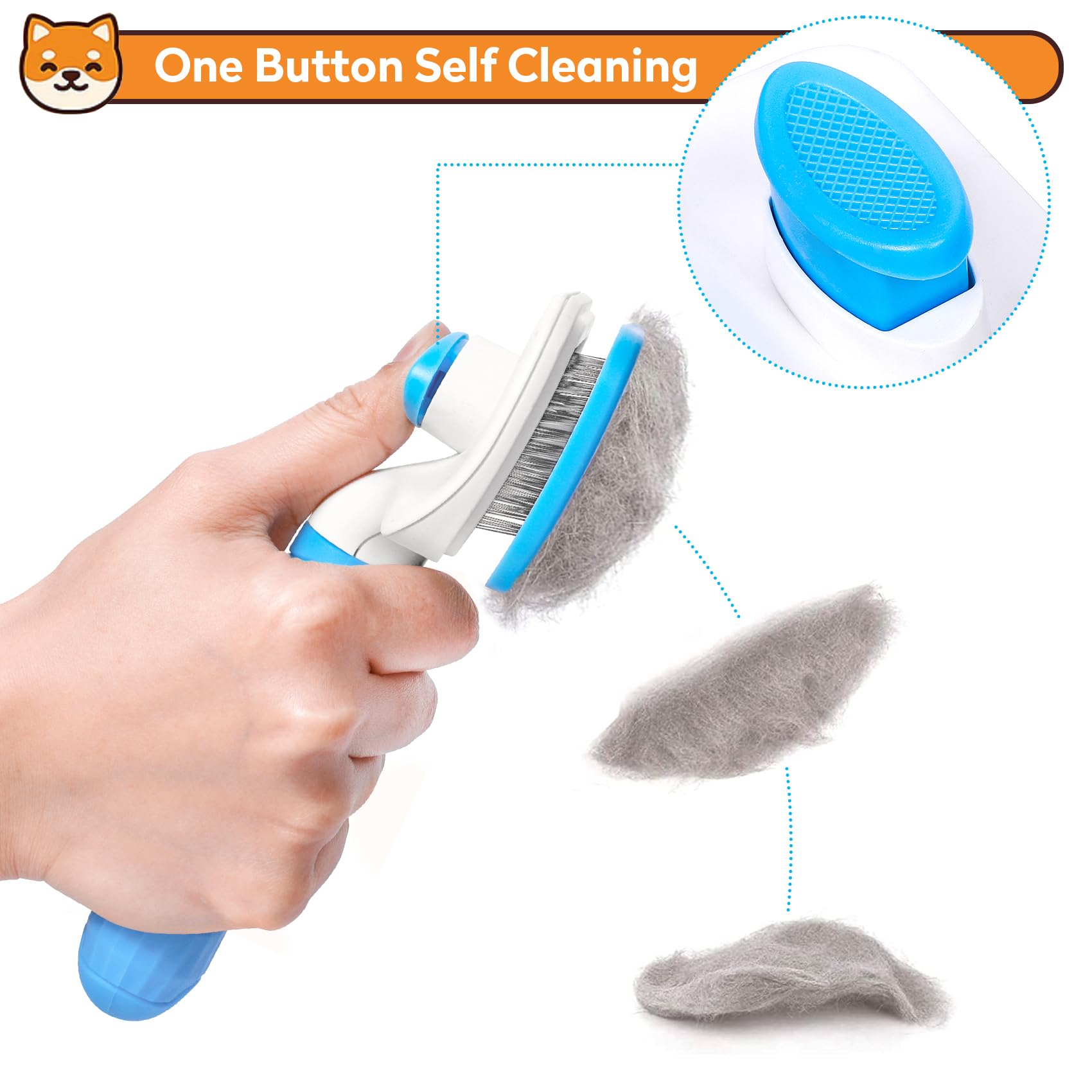 PWOD Self Cleaning Slicker Brush for Dogs & Cats, Blue, 1 Regular, Plastic, Removes Shedding & Loose Undercoat