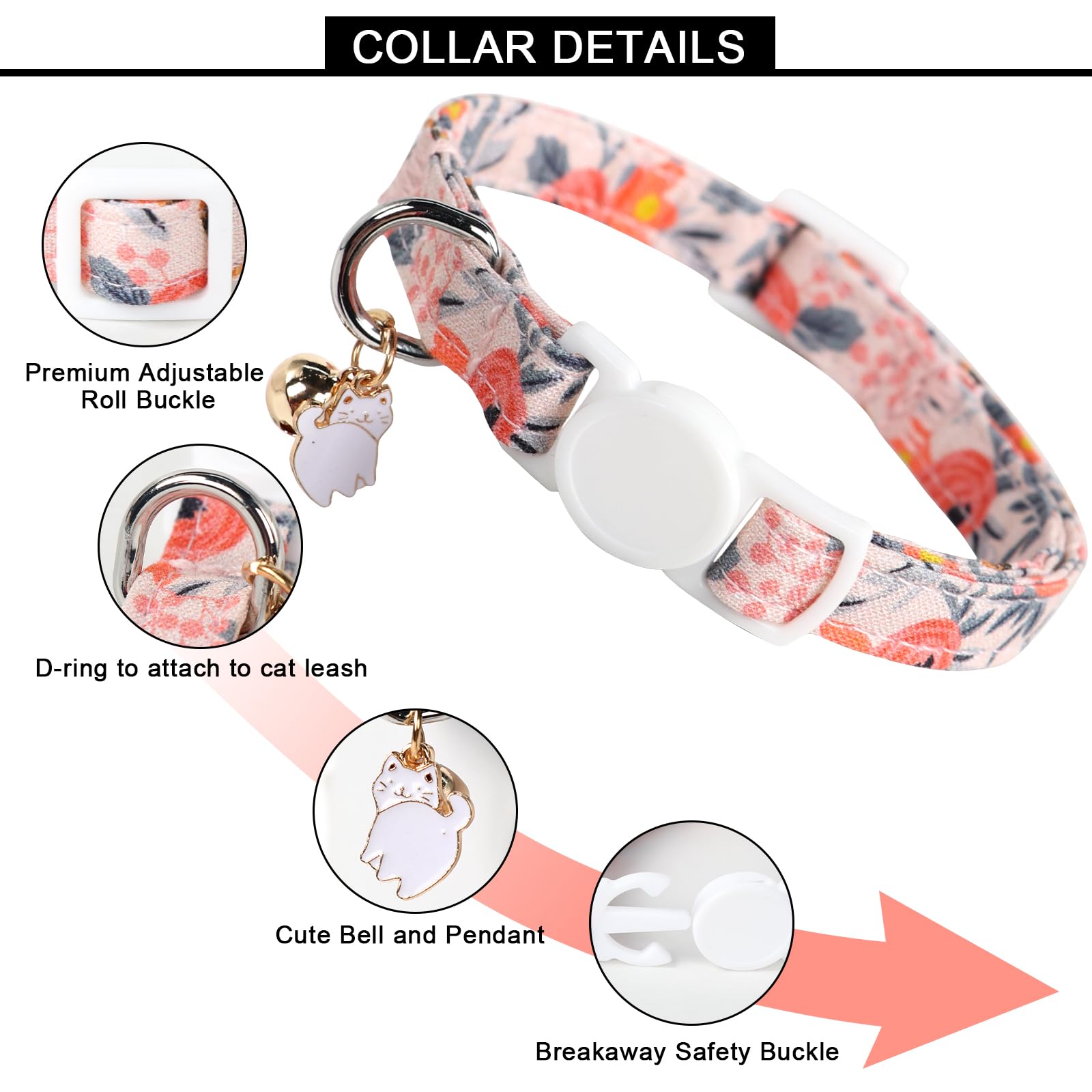 Unique Style Paws 2 Pack Kitten Collar Breakaway With Bell & Pendant, Adjustable Safety Cat Cotton Collars For Girl Boy Cats And