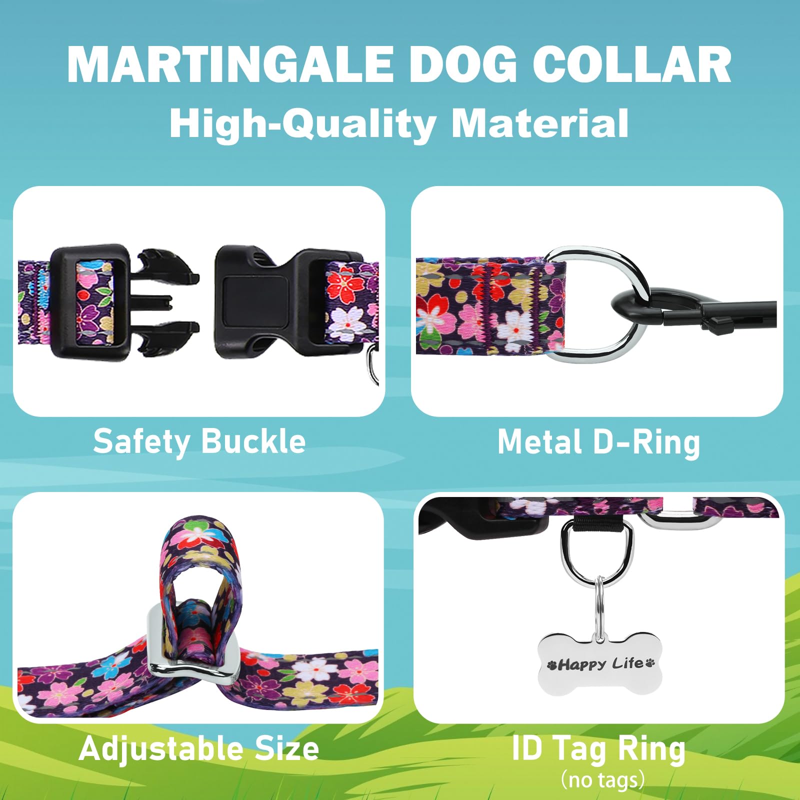 Fidohug Reflective Martingale Collar For Dogs With Buckle Pretty Fancy Female Floral Dog Collars (Japanese Blossoms, Small)