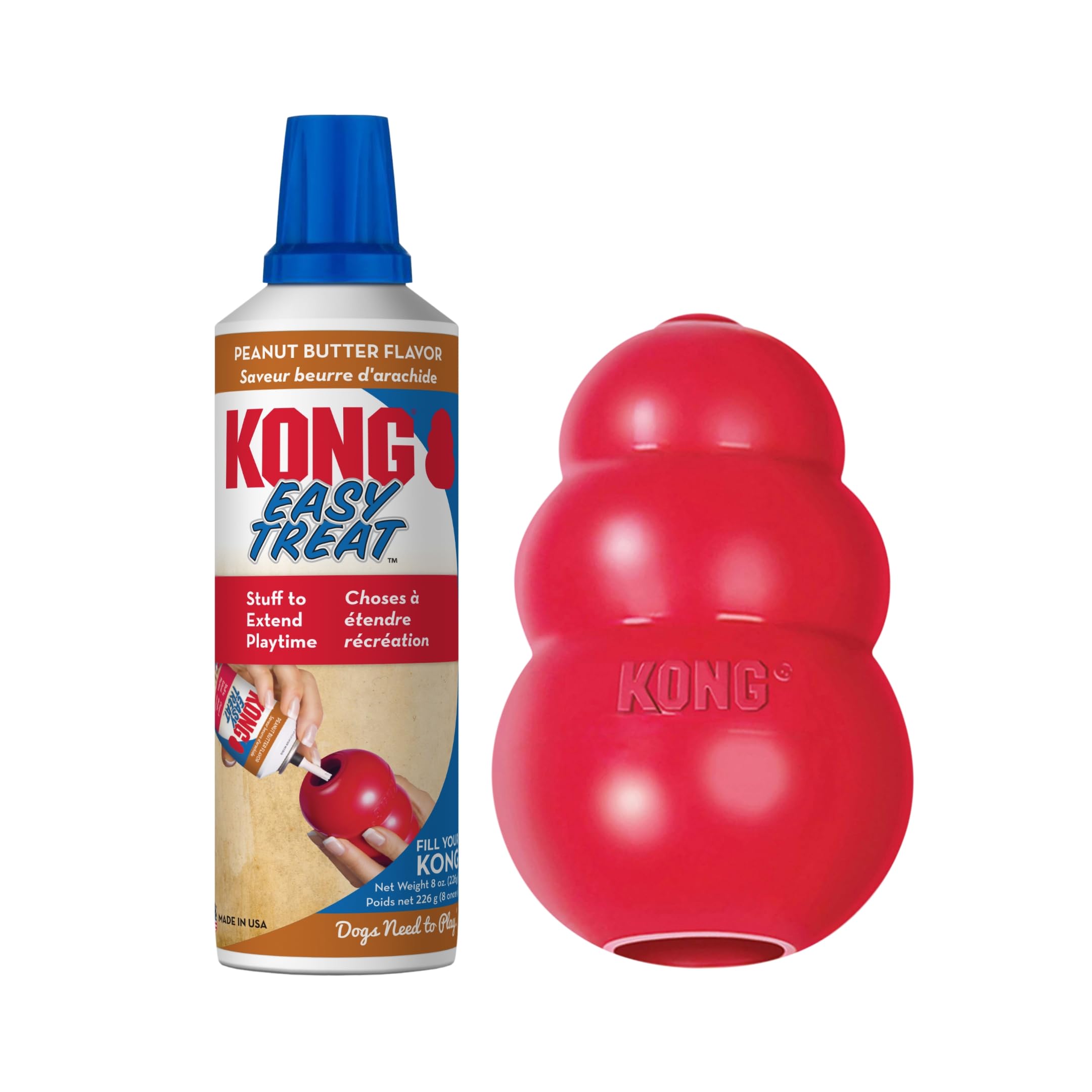 KONG Classic Stuffable Dog Toy & KONG Easy Treat Peanut Butter Spray - Fetch & Chew Toy for Dogs - With Dog Toy Filler Treat - F