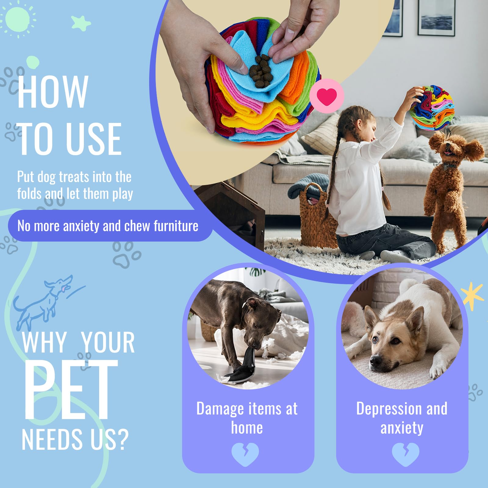 Larimuer Pet Snuffle Ball - Puzzle Sniffing Interactive Dog Toy For Blind Dogs Training & Stress Relief - Machine Washable (20Cm