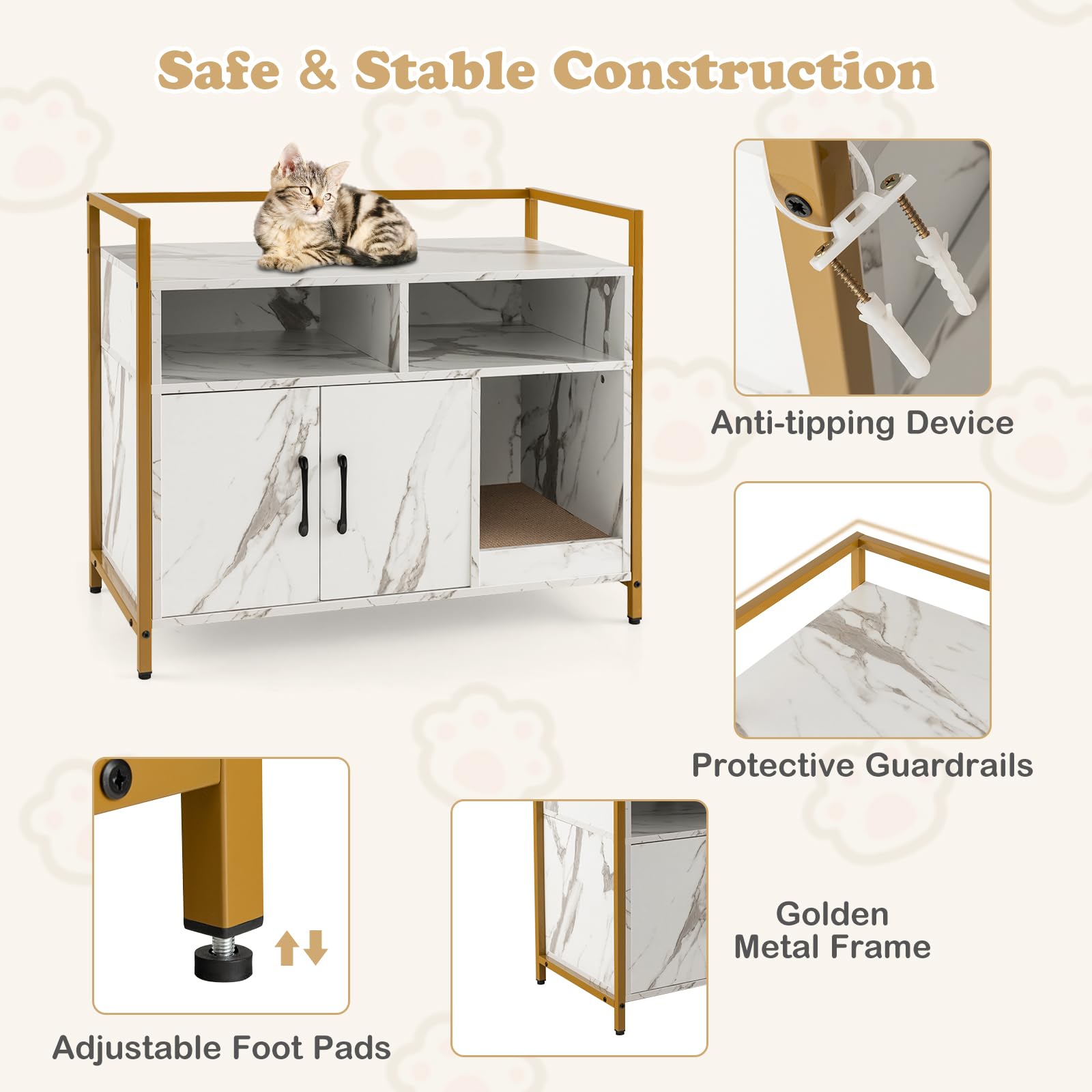 Giantex Cat Litter Box Enclosure - Cat Washroom Hidden Furniture with Front Entry, Scratcher, 2-Door Storage Cabinet, 2 Compartm