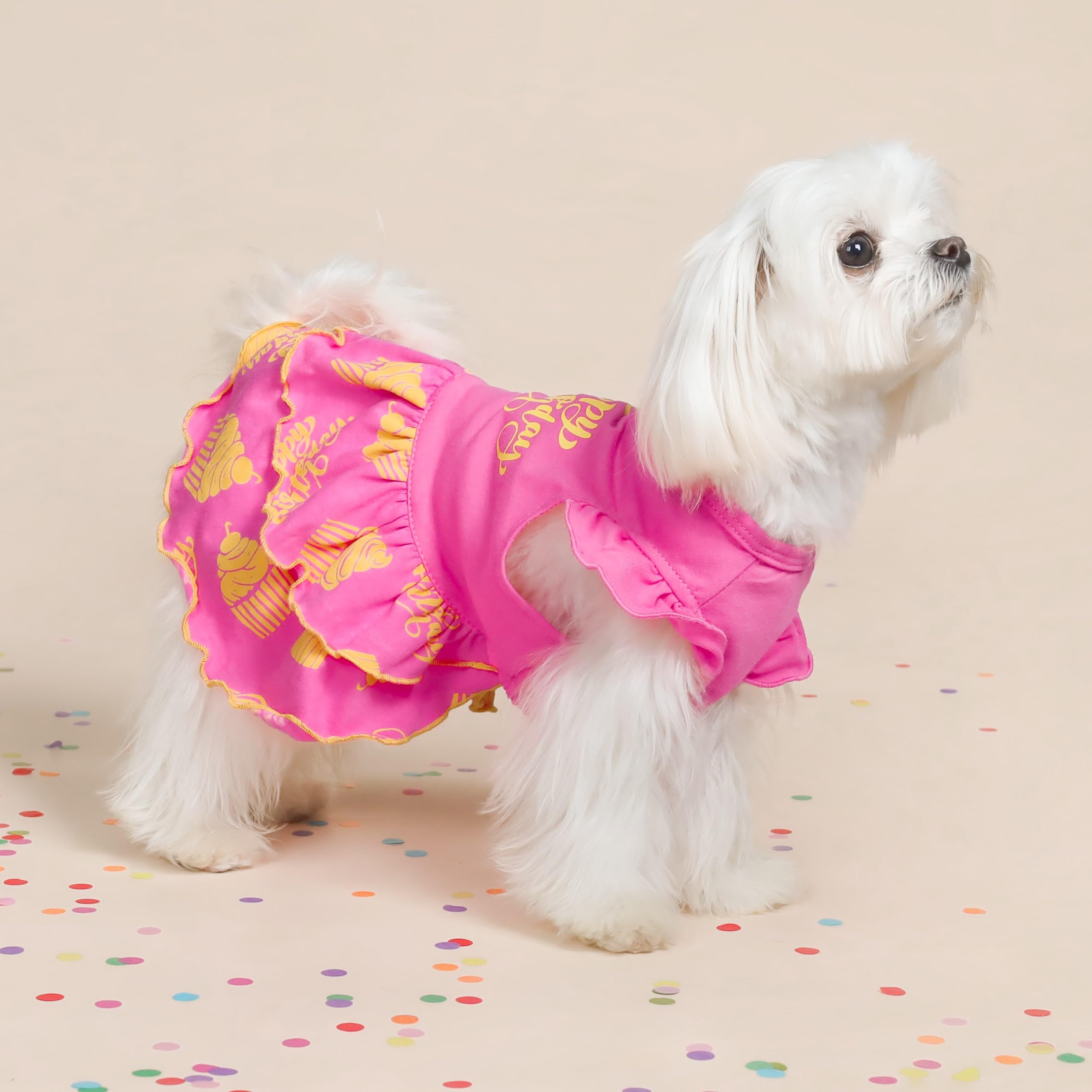 Fitwarm Happy Birthday Dog Tiered Dress, Dog Clothes For Small Dogs Girl, Pet Birthday Outfit, Doggy Apparel, Yellow, Rose Pink,