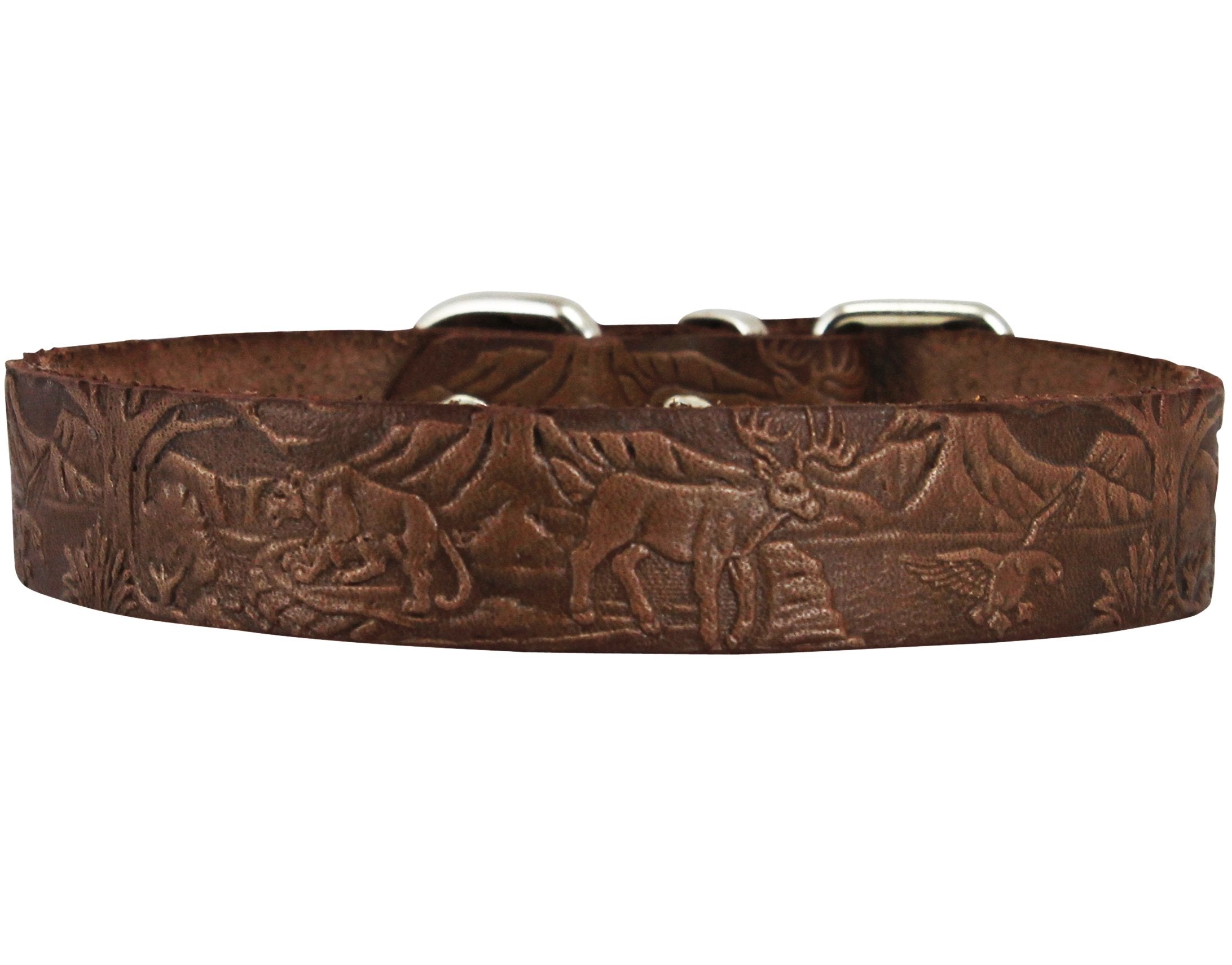 Genuine Tooled Leather Dog Collar Hunting Pattern Brown 3 Sizes (Neck Circumf: 10'-13'; 3/4' Wide)