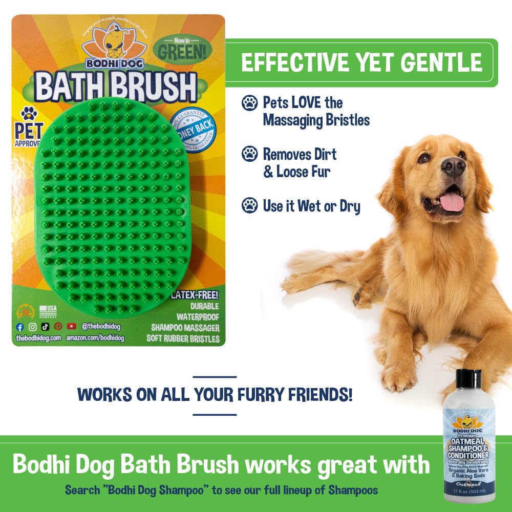 Bodhi Dog & Cat Grooming And Bath Brush, Green, Oblong, Rubber, Waterproof, For Short Hair, Massaging, Shower Supplies, 1 Count