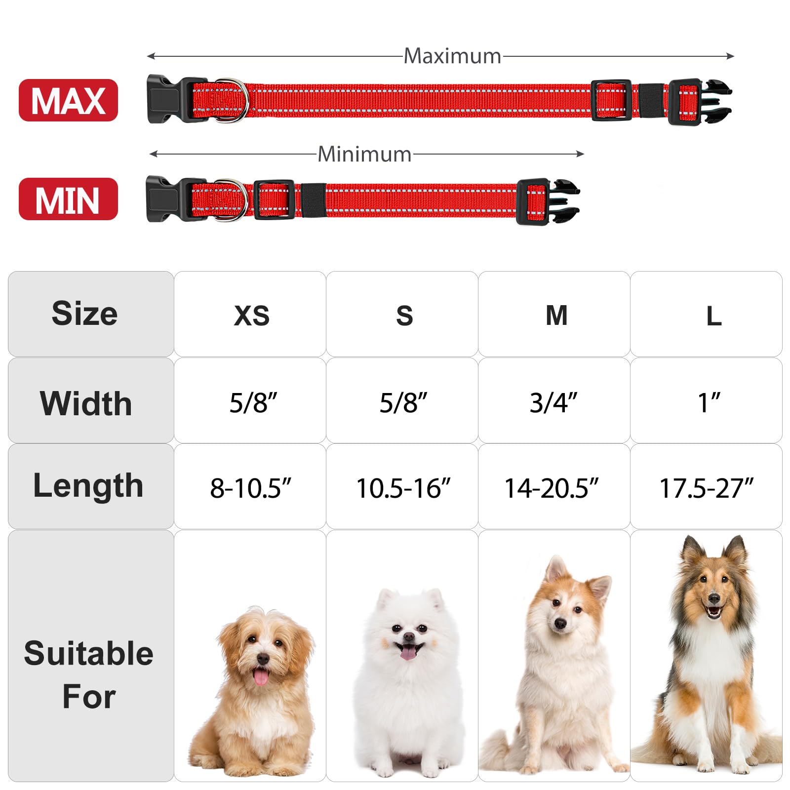 Penseepet Reflective Dog Collar Padded With Soft Neoprene Breathable Quick Release Basic Dog Collars For Puppy Small Dogs Red Girl Boy