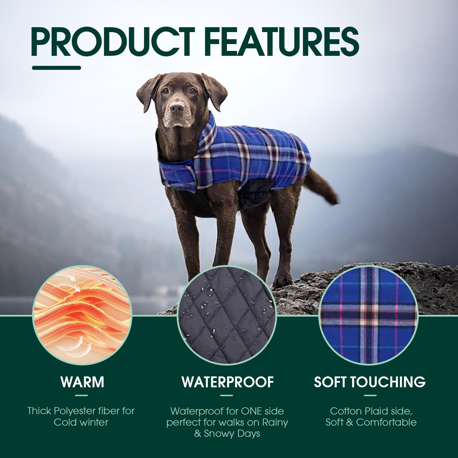 Kuoser Waterproof Dog Coat, Reversible Dog Jacket For Medium Dogs, Adjustable Durable Doggie Winter Coat Warm Puppy Cold Weather