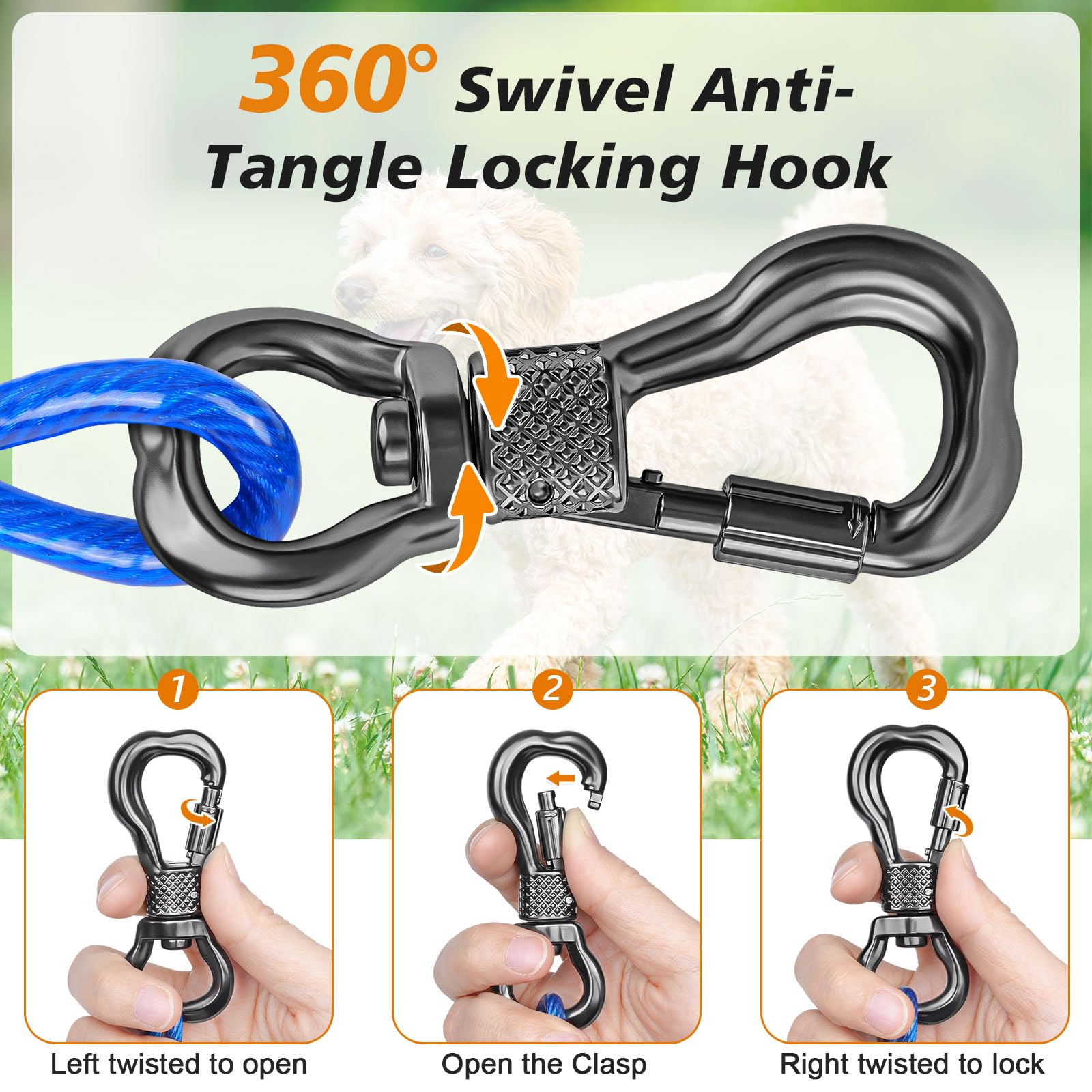 Tresbro 10 Ft Dog Tie Out Cable, Heavy Duty Dog Chains For Outside With Spring Swivel Lockable Hook, Pet Runner Cable Leads For Yard, Blue Dog Line Tether For Small Medium Large Dogs Up To 500 Lbs