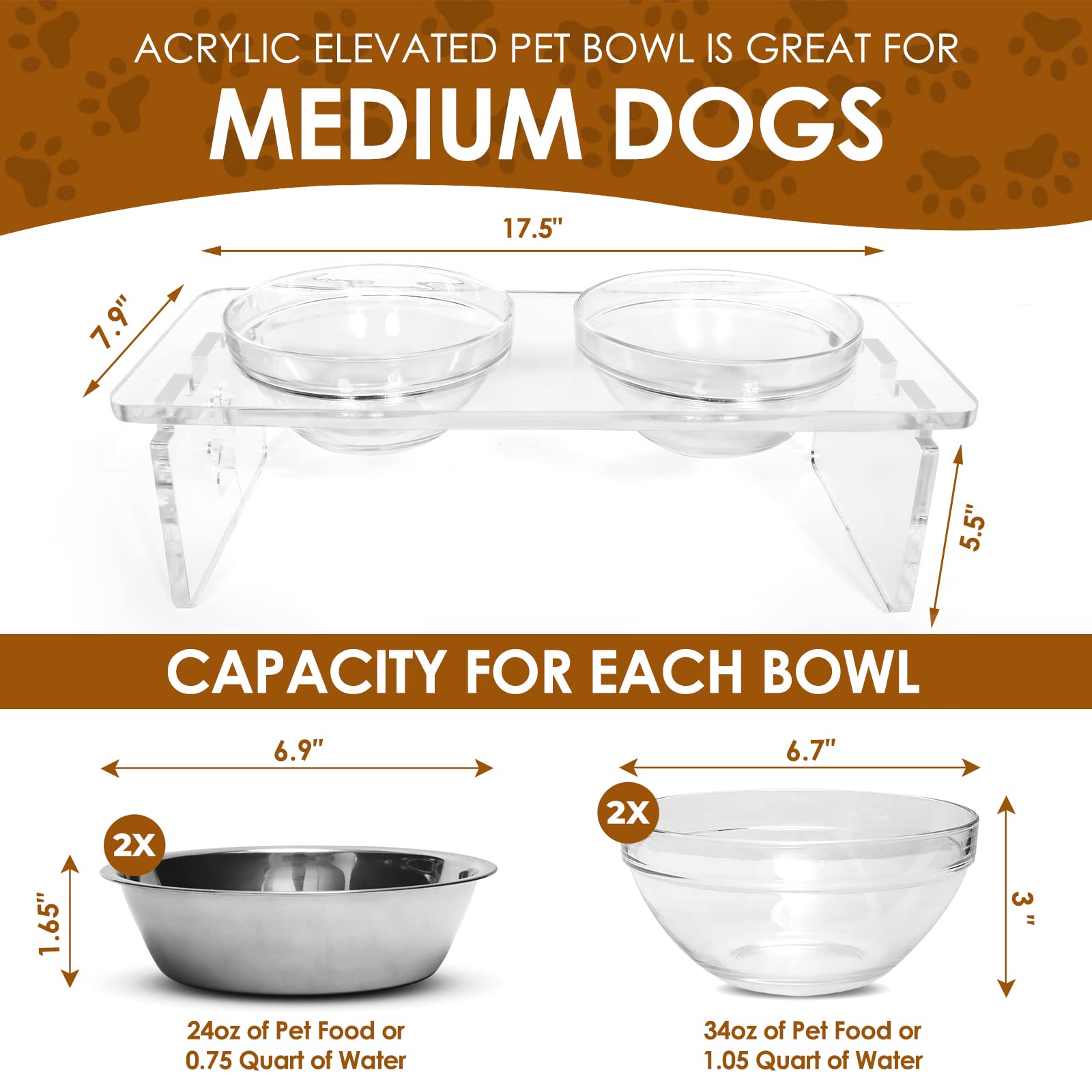 Dog and Cat Bowls Elevated Set - Acrylic Feeder Stand with 2 Set Removable Stainless Steel and Glass Bowls Food and Water Raised