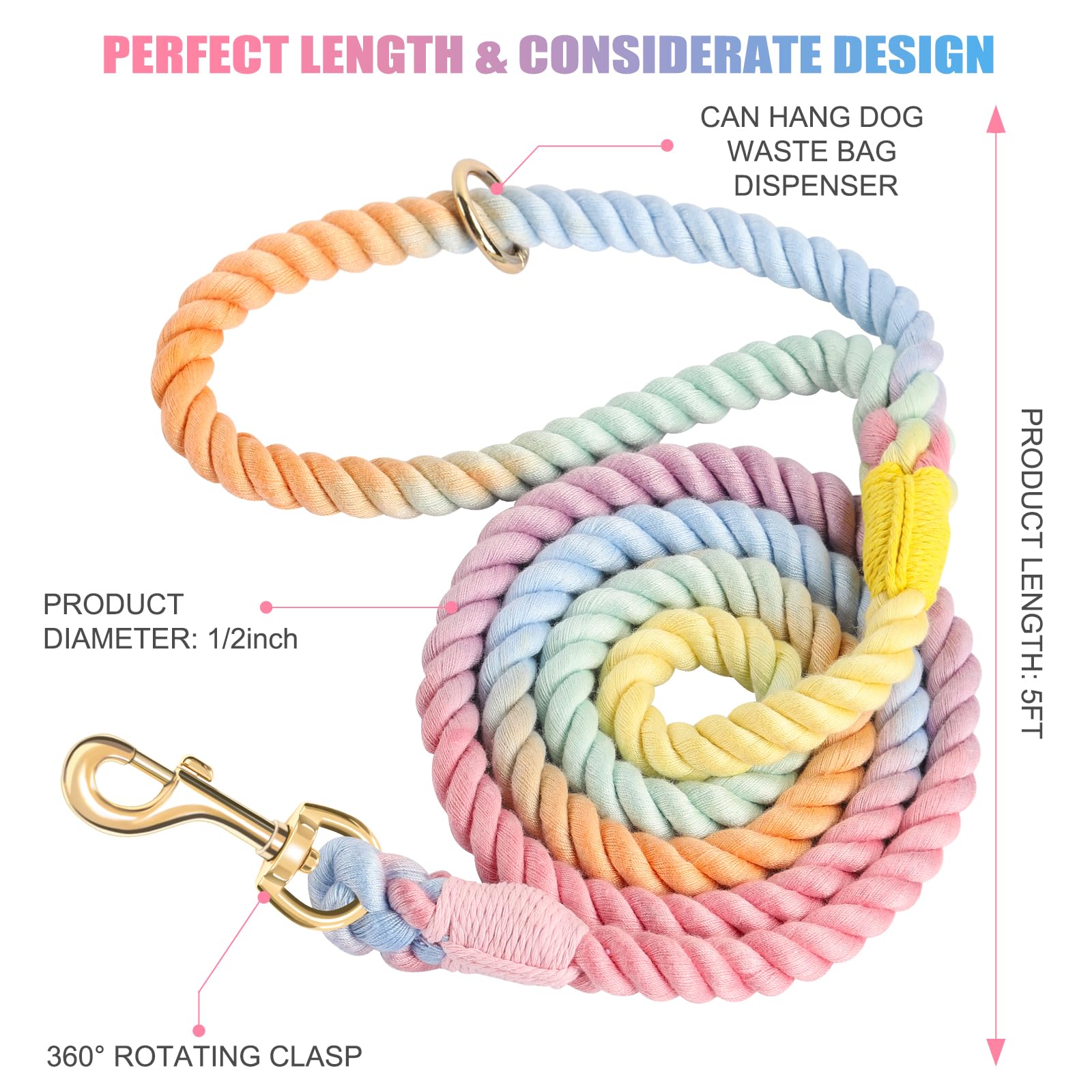 Nugutic Rope Dog Leash Handmade Braided Cotton Rope Leashes With Heavy Duty Metal Clasp, Cute Dog Leash, Wedding Dog Leash (Colorful Macaron, 5 Ft)