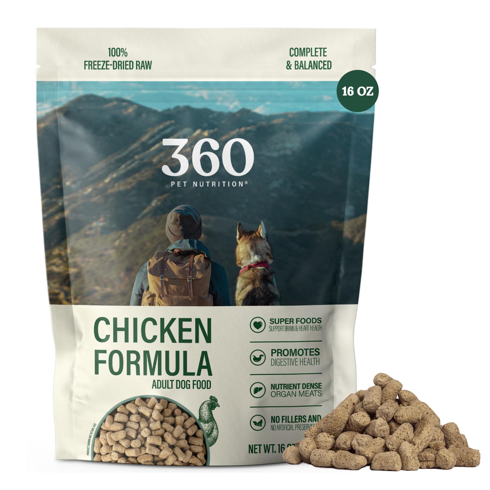 360 Pet Nutrition Freeze-Dried Raw Dog Food, High Protein, Balanced Meal, Chicken, Liver, Heart, Fruit, Veggies, Superfoods, No 