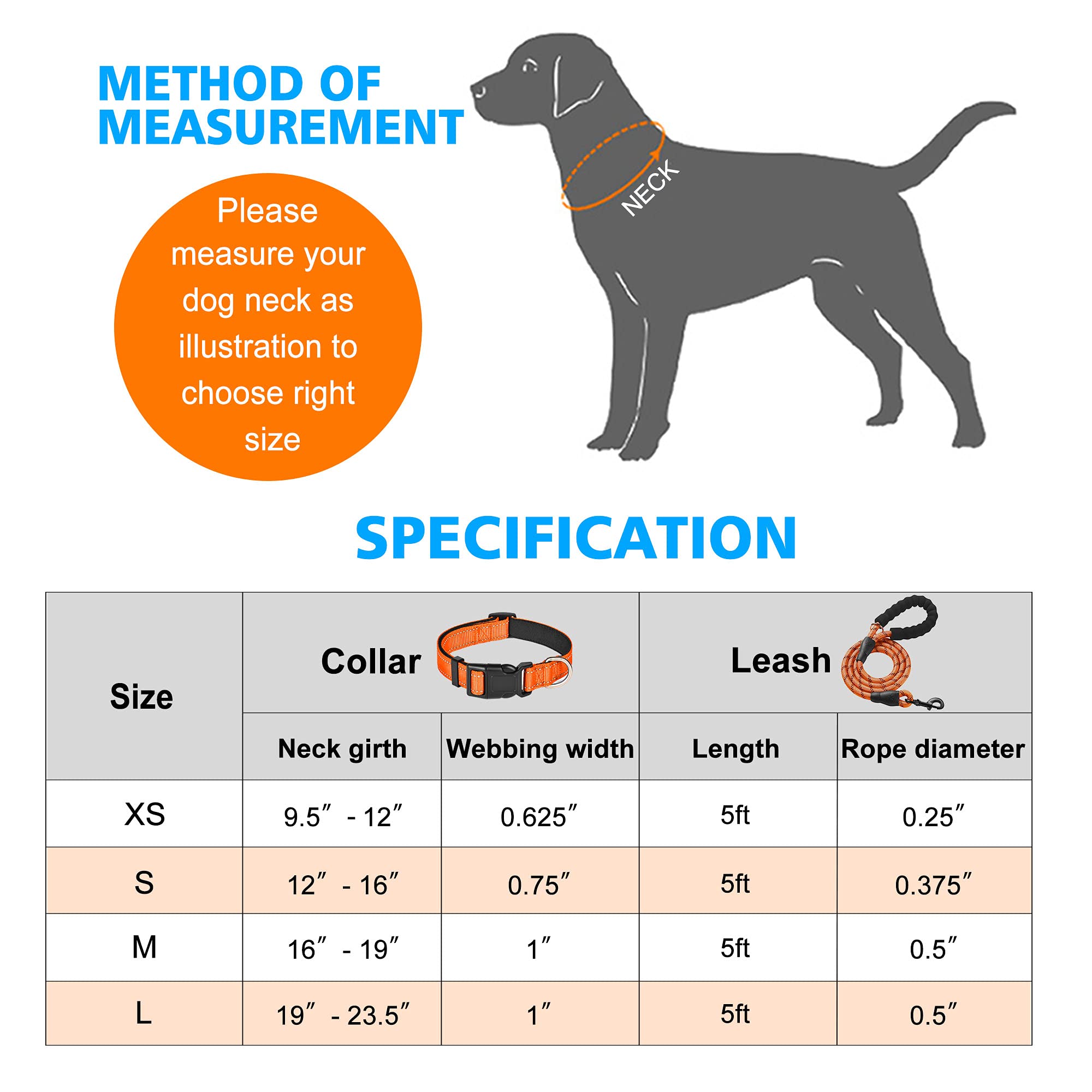 Ladoogo Reflective Dog Collar Padded With Soft Neoprene Breathable Adjustable Nylon Dog Collars For Small Medium Large Dogs (X-Small (Pack Of 1), Orange Collar+Leash)
