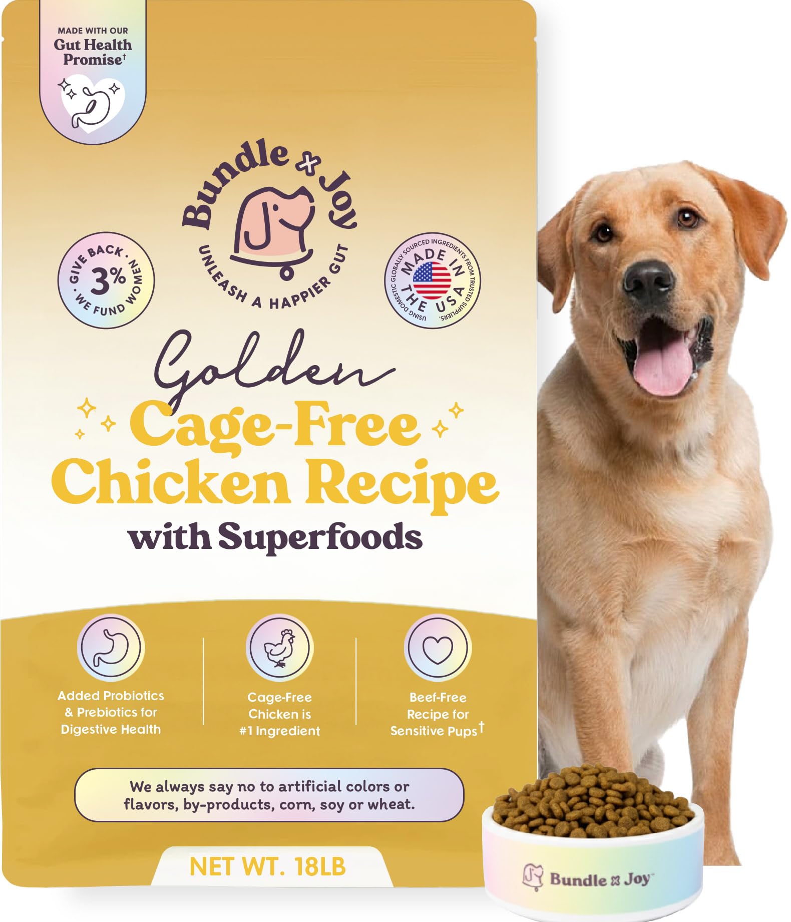 Bundle x Joy Golden Probiotic Dog Food Dry, Chicken, 18lb Bag, Allergy and Gut-Friendly Adult Kibble for Digestive Health Made w