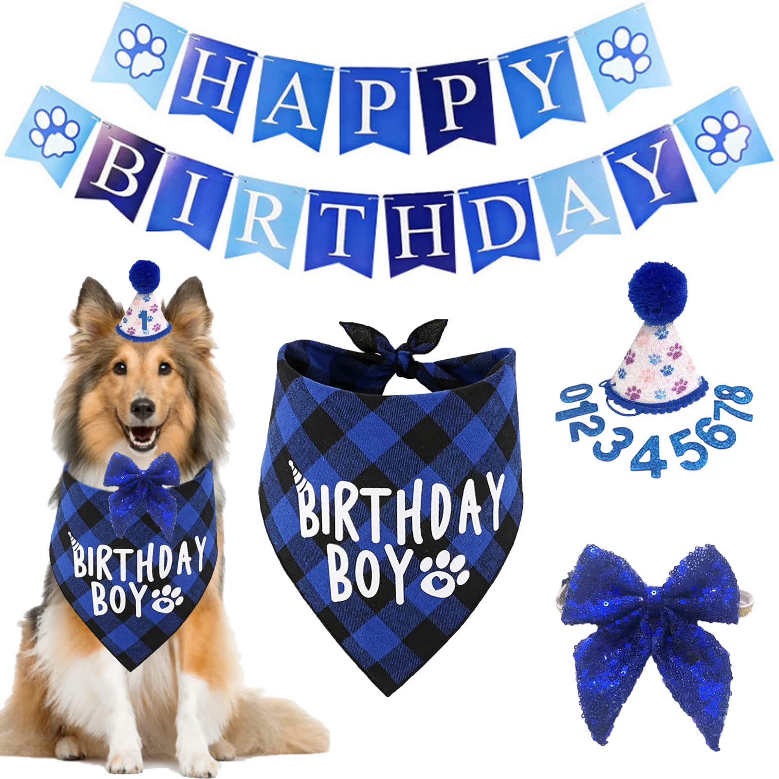 Plaid Dog Puppy Bandana Hat Scarf Set With Numbers, Happy Birthday Banner Set, Cute Dog Bow Tie Collar