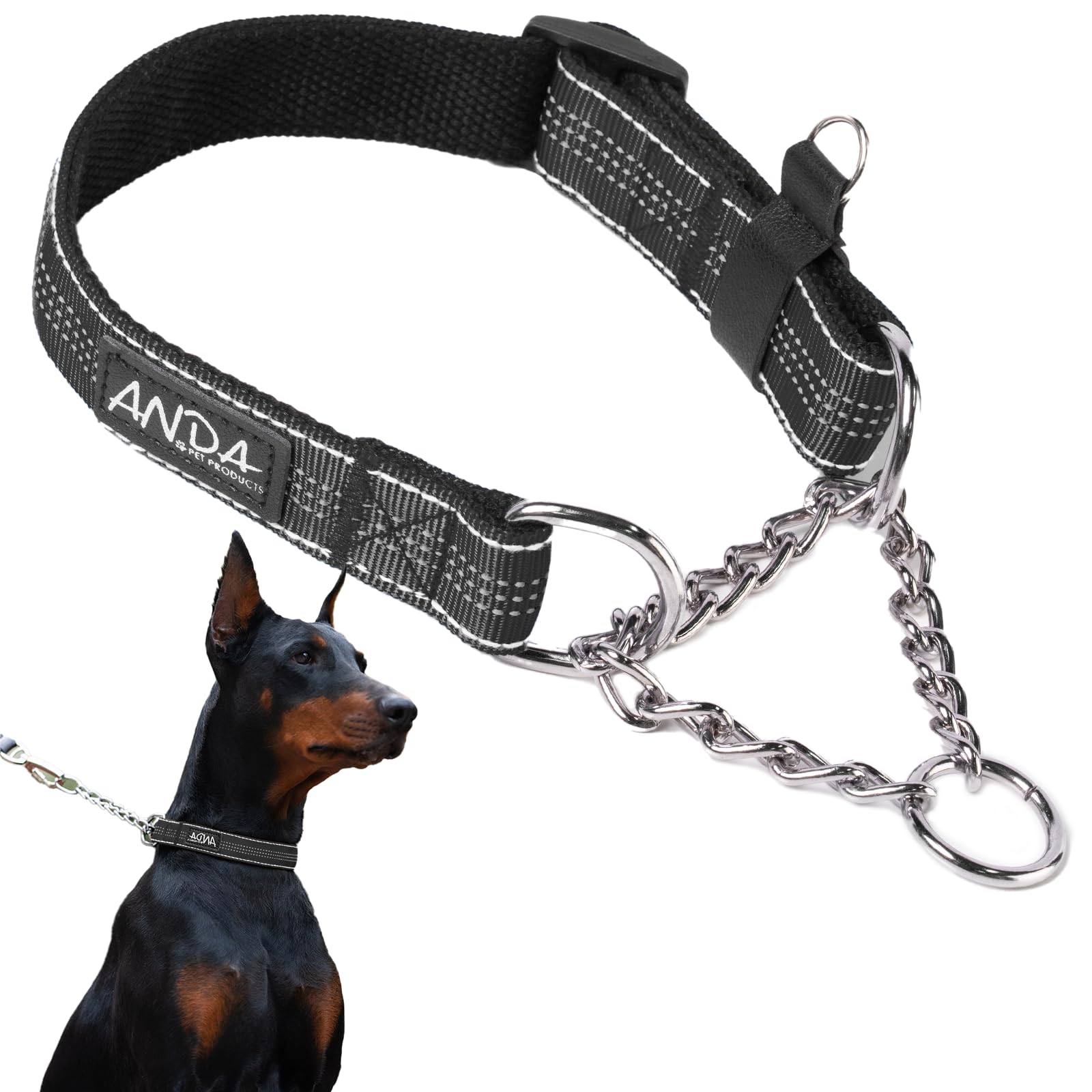 Anda Martingale Collar For Dogs, Adjustable With Reflective Stainless Steel Chain, No-Pull Escape-Proof Training Collar For Medi