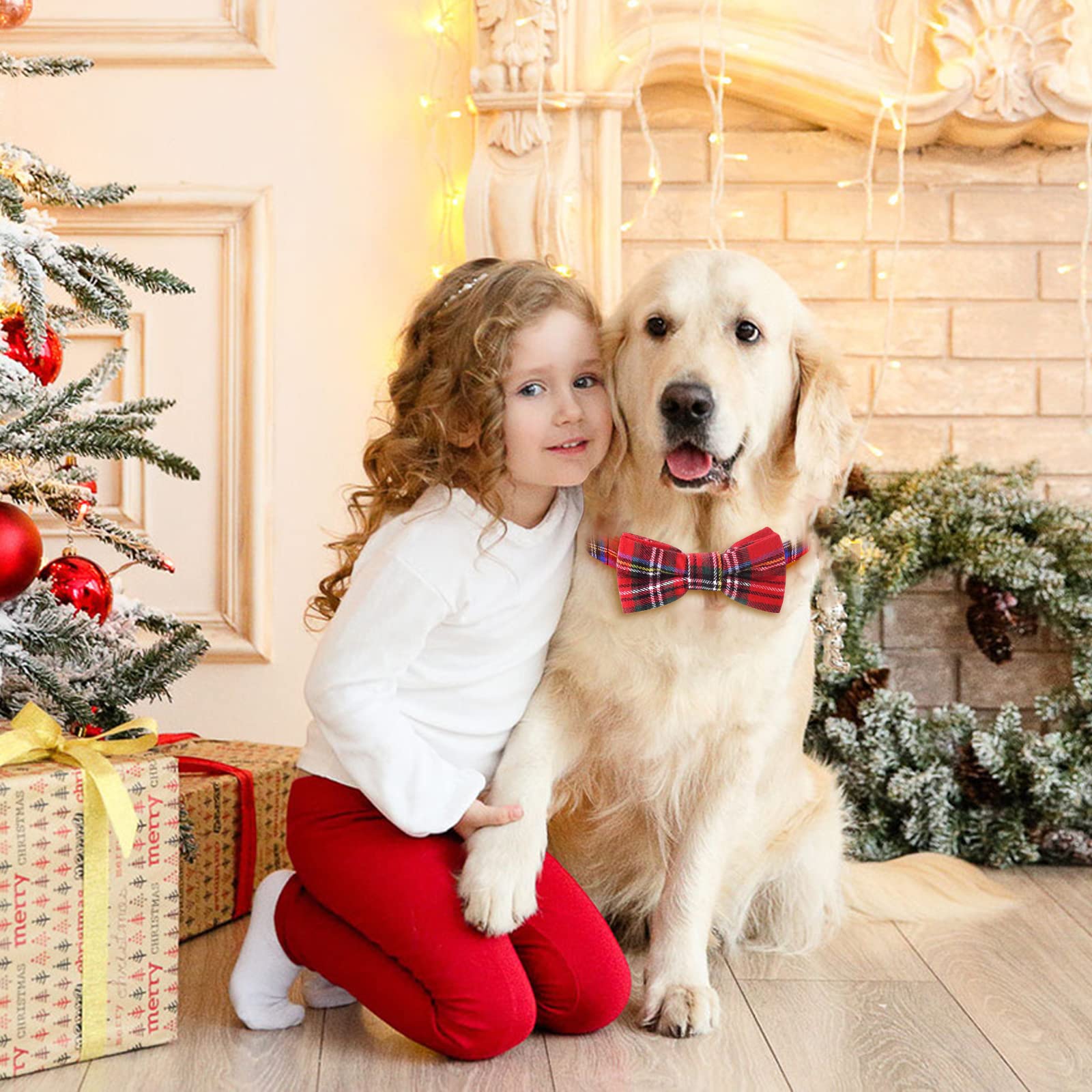 Malier Dog Collar With Bow Tie, Christmas Classic Plaid Snowflake Dog Collar Holiday For Small Medium Large Dogs Cats Pets (Scotland Red Plaid, Large)