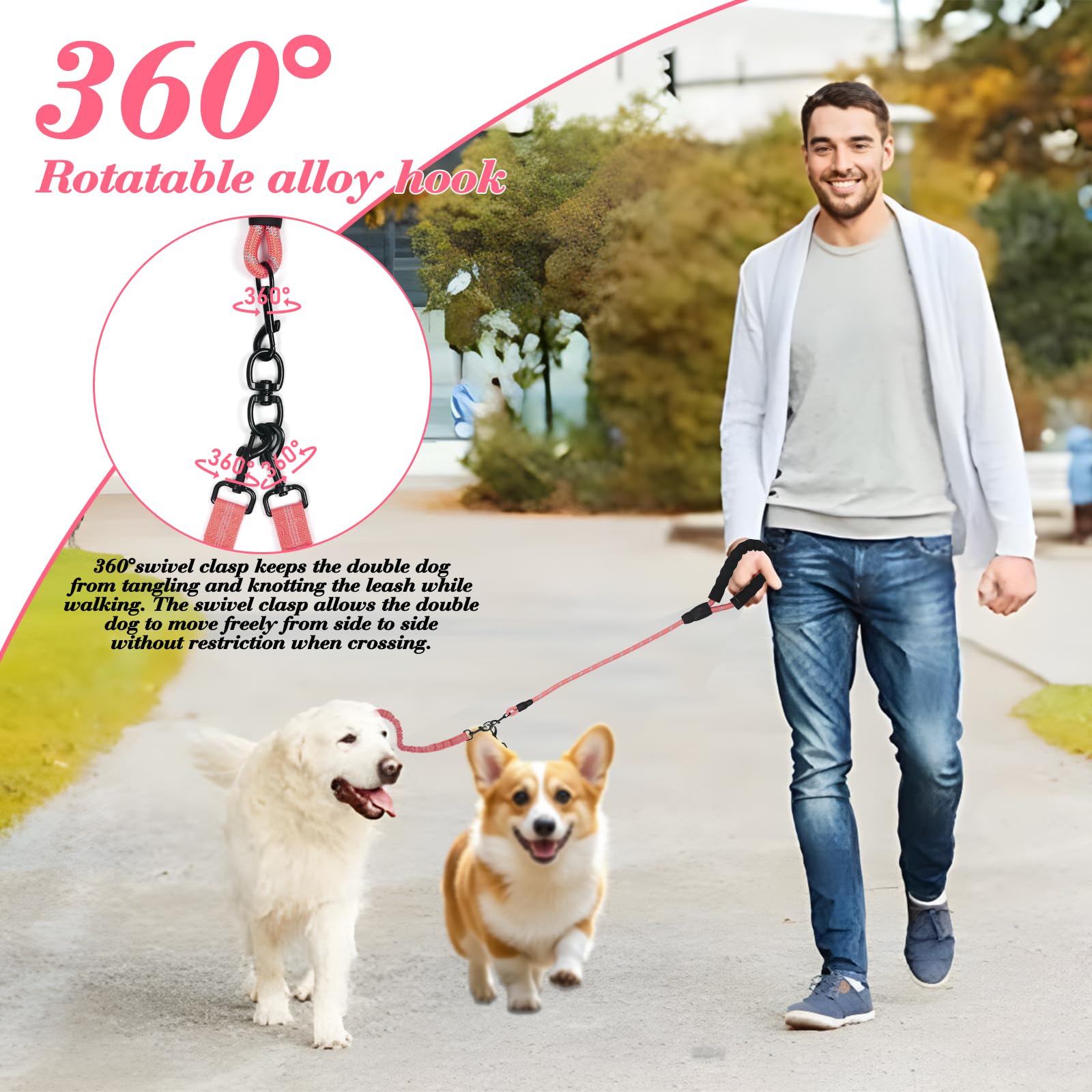 Dog Double Leashes,Rope Bungee Four Leash With Padded Handle Removable For 4 Dogs,Tangle-Free, Padded Handles, 360 Swivel Contro