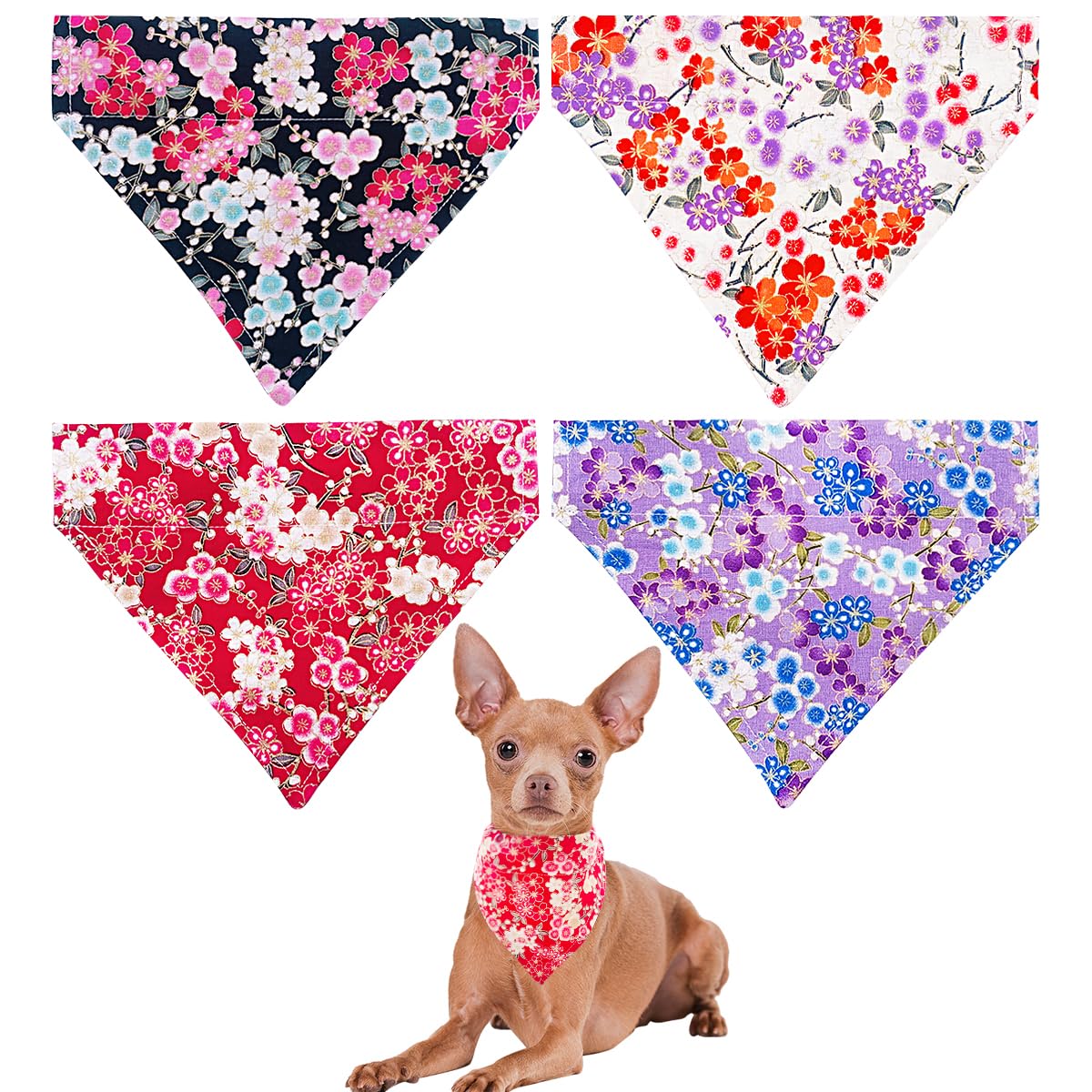Pet Show 4 Pack Small Dog Bandanas Slide On Collar Set Washable Cherry Blossoms Puppies Cat Bandanas Bibs Slip Through Collar Ac