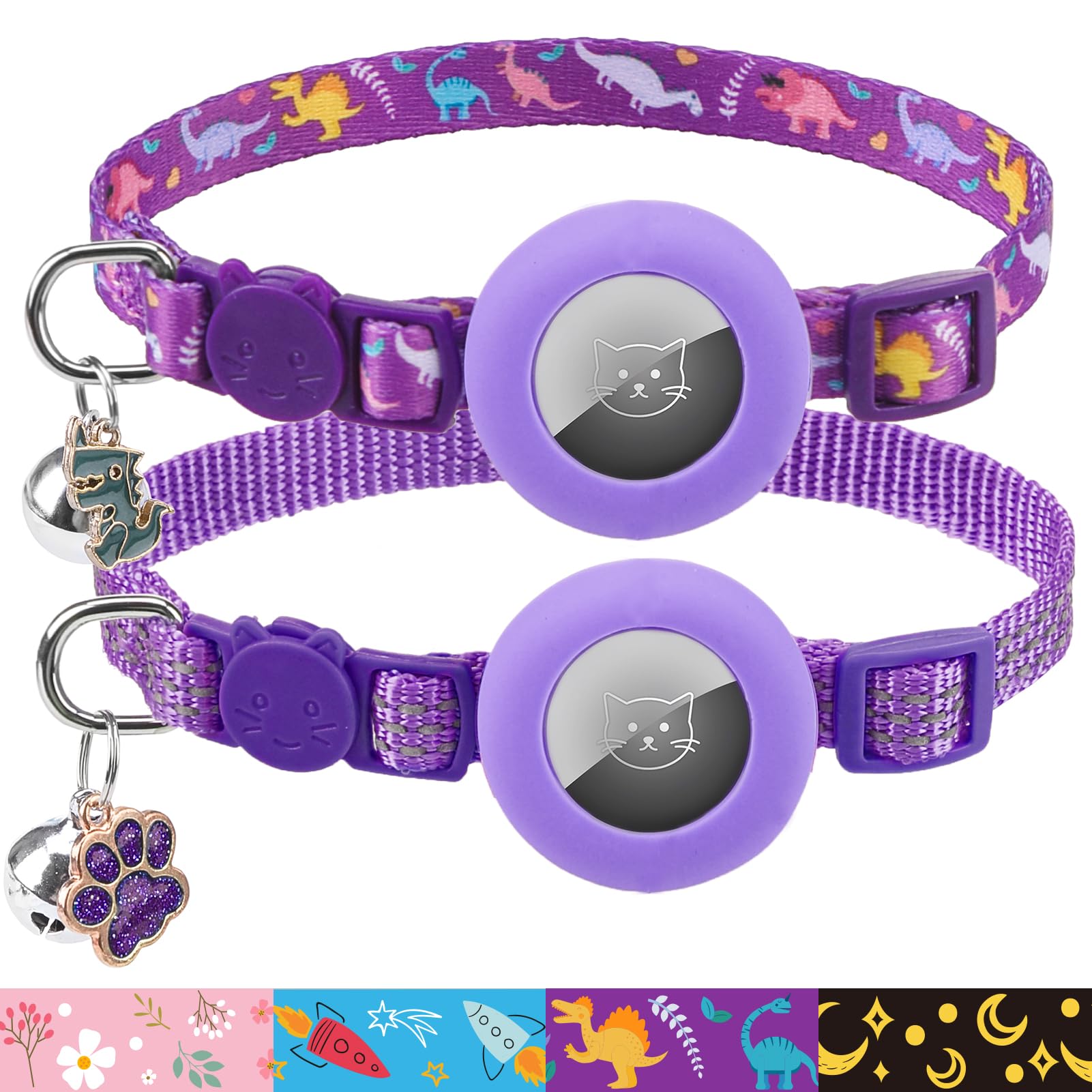 Pupteck Airtag Cat Collar Breakaway 2 Pack With Bells, Reflective Kitten Collar With Air Tag Holder For Boy Girl Kitty And Puppies, Soft, Purple