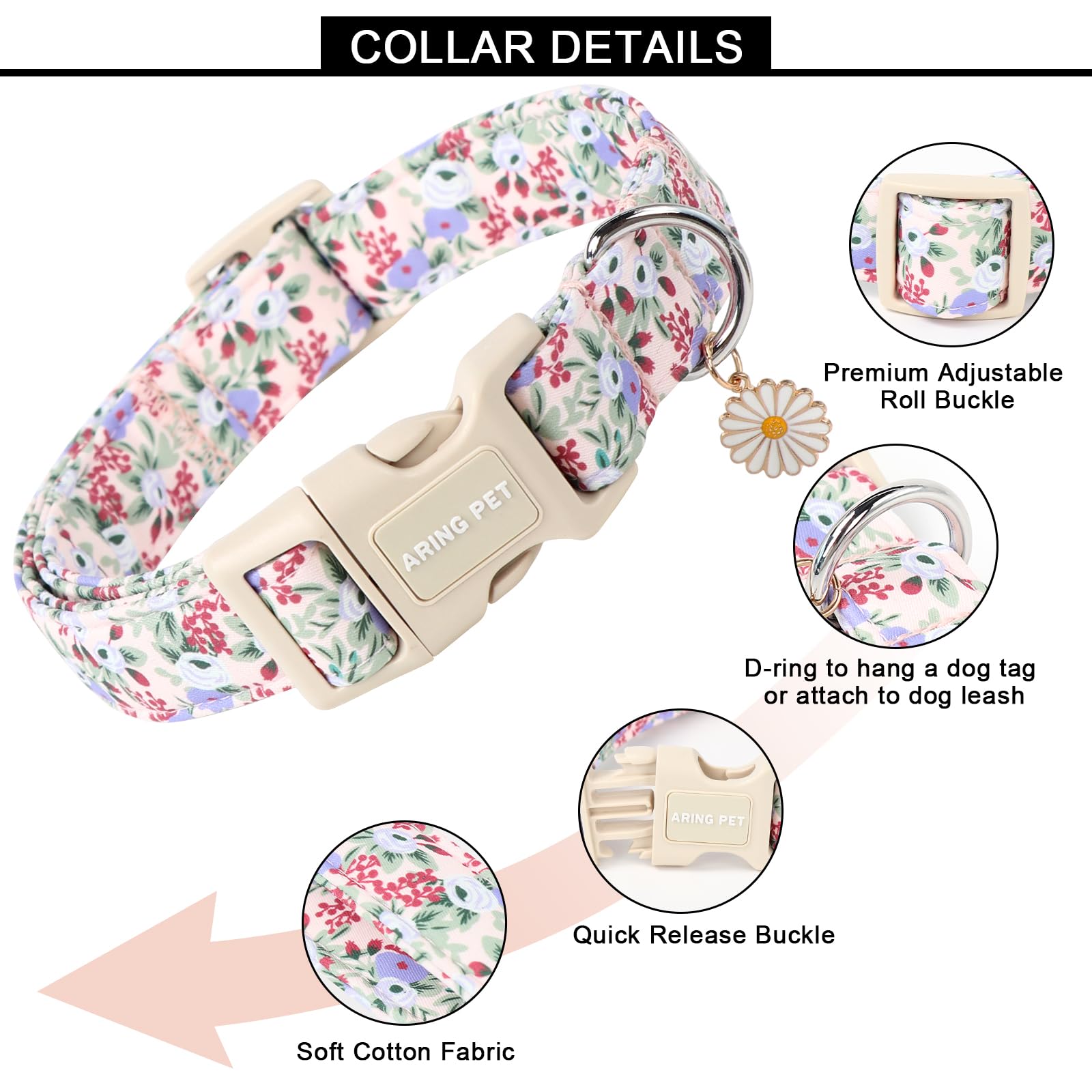 Aring Pet Floral Dog Collar-Cute Purple Flower Dog Collars, Adjustable Floral Pet Collars Puppy Collar With Quick Release Buckle