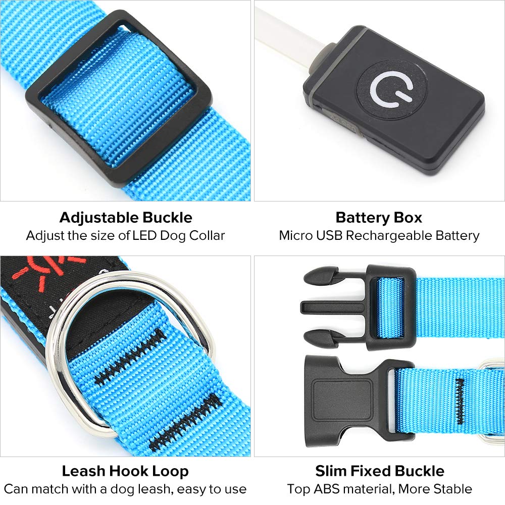 Illumifun Led Dog Collar, Usb Rechargeable Lighted Up Dog Collar, Adjustable Nylon Webbing Glowing Pet Safety Collar For Your Dogs (Blue, Medium)