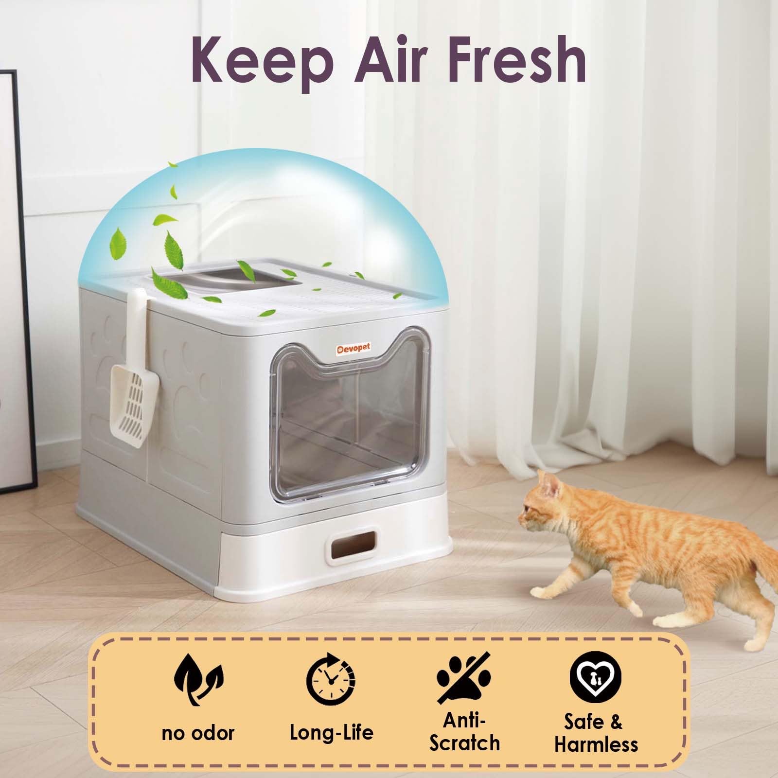 Devopet Stainless Steel Cat Litter Box with Lid, Enclosed Cat Litter Boxes, Covered Top Entry Litter Box, Foldable Large Metal B