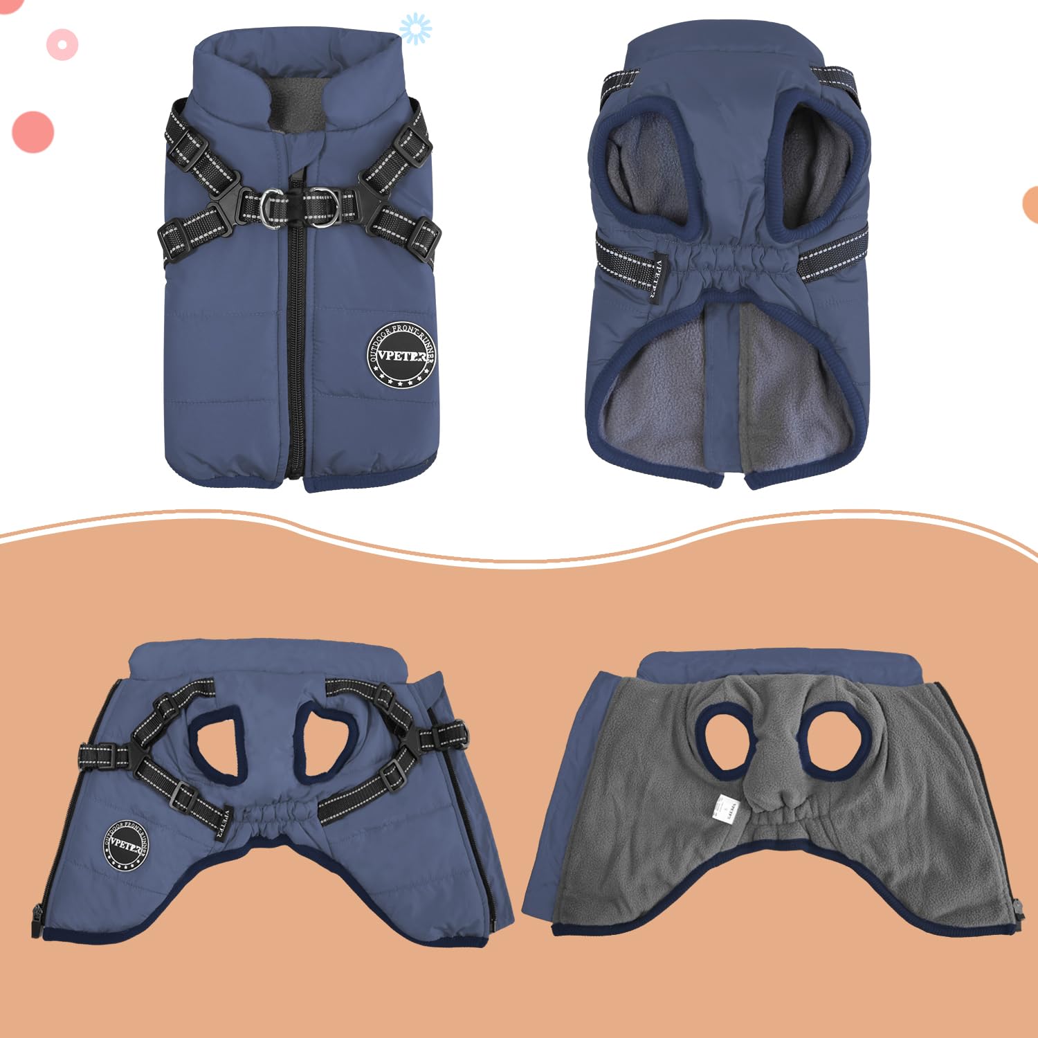 V.Pet.B.R Dog Winter Coat, Warm Jacket Padded Fleece Vest With Built-In Harness, Waterproof Windproof Reflective Cozy Snow Pet C