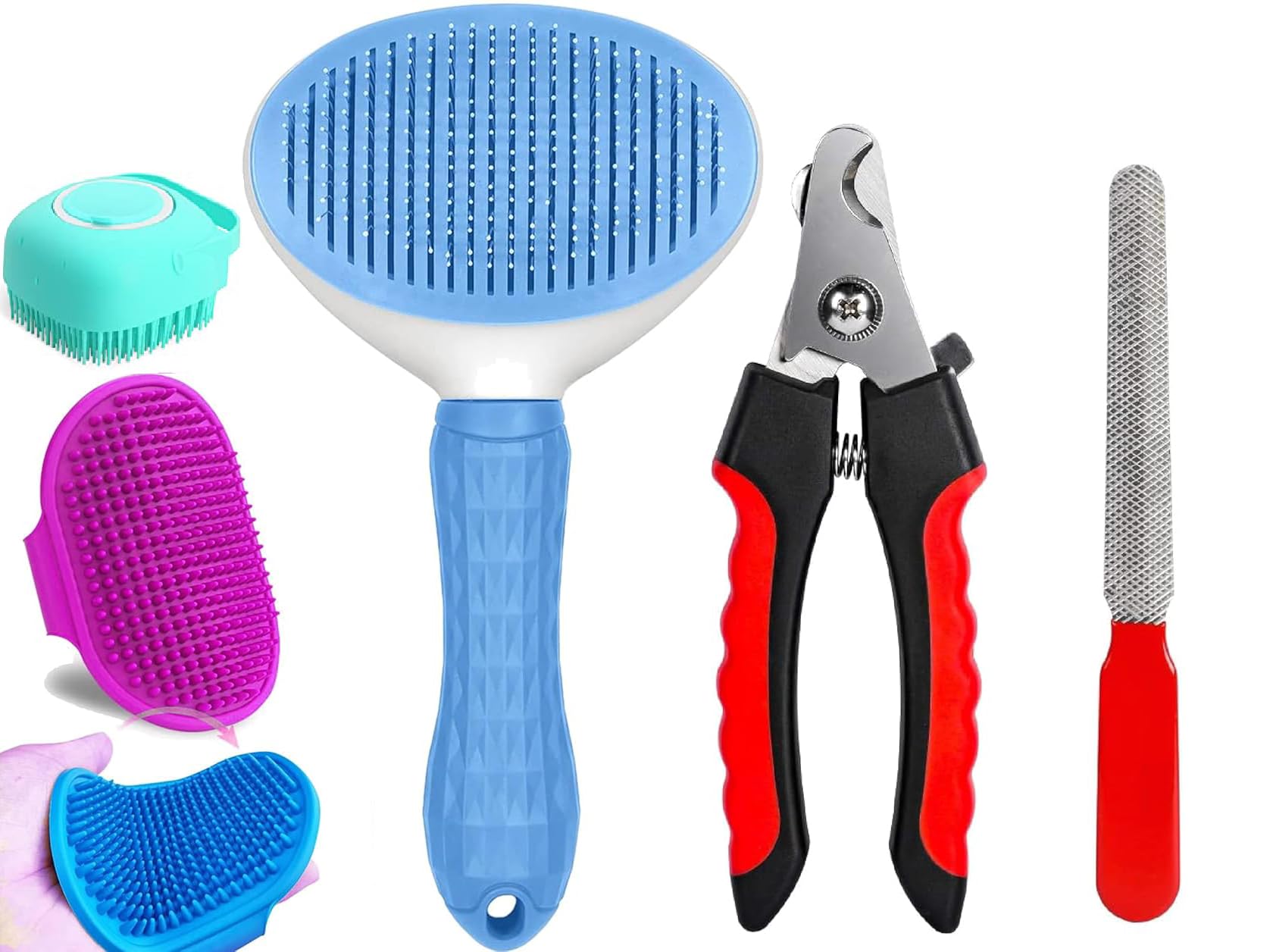 5 Pcs Pet Grooming Slicker Shedding Brush Nail Clipper Pet Bath Massage Brush With Soap & Shampoo Dispenser Soft Silicone Bristl