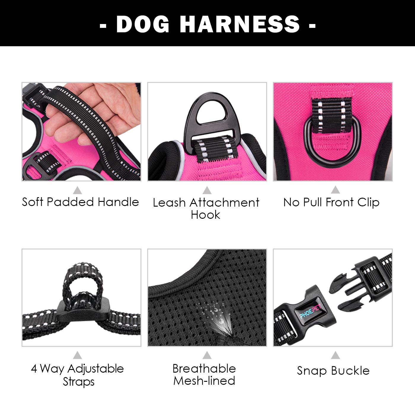 Phoepet Reflective Dog Harness Large Breed Adjustable No Pull Vest With With Handle 2 Metal Rings 3 Buckles [Easy To Put On & Take Off](L, Pink)
