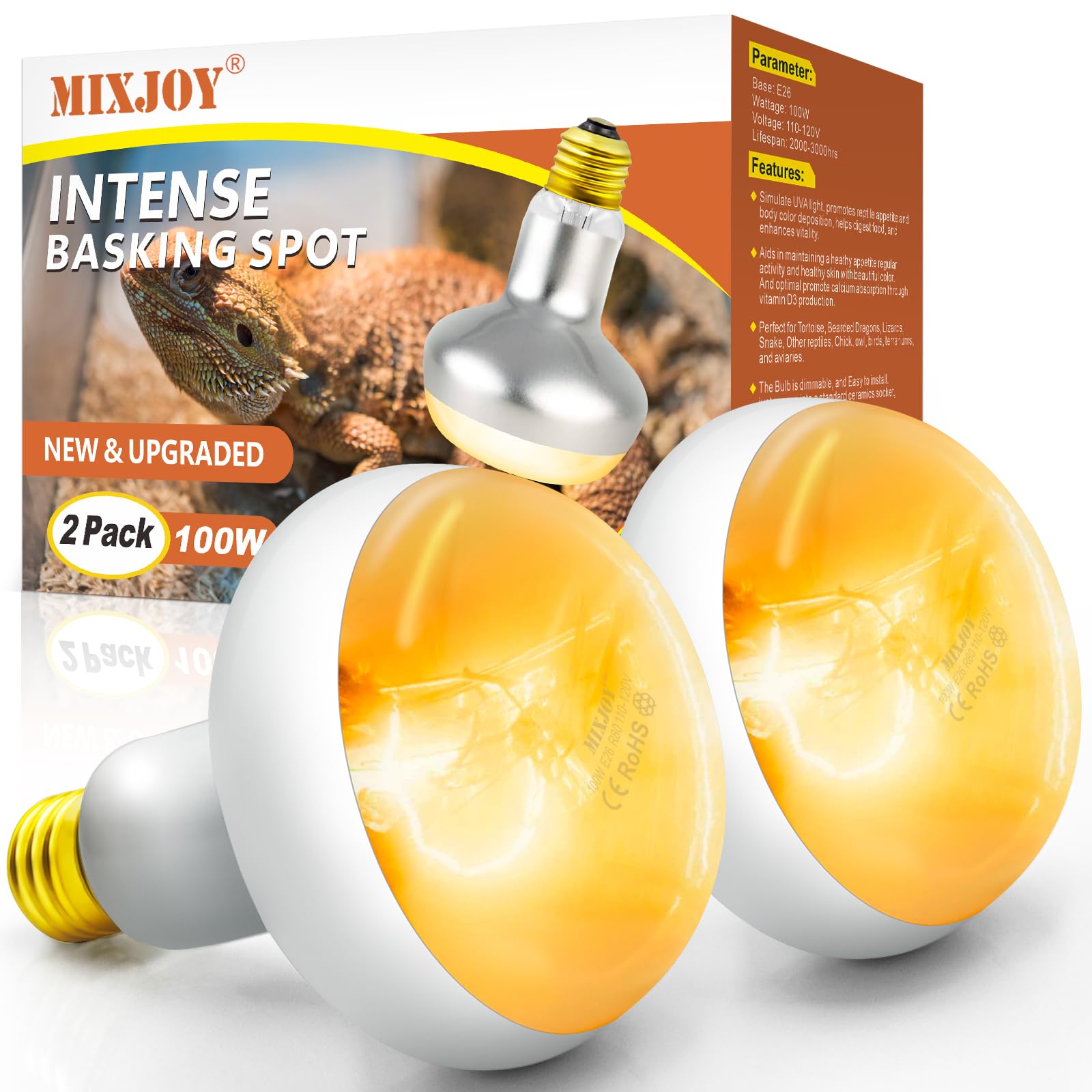MIXJOY 100W Reptile Heat Lamp Bulb, 2Pack Reptile Basking Spot Light, Upgraded Intense Heat Basking Bulb, UVA Daylight Heat Lamp