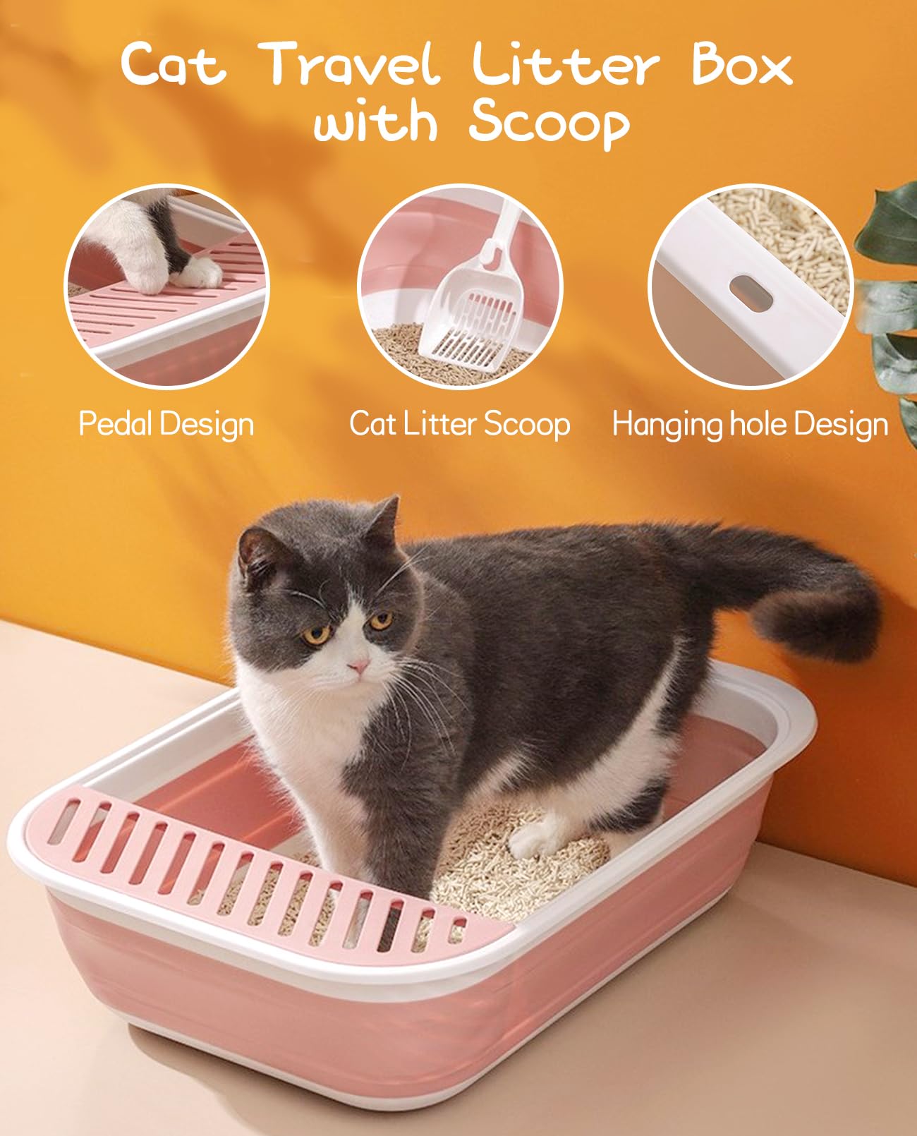 BNOSDM Foldable Small Cat Litter Box - Pink Collapsible Potty Pan for Kittens, Waterproof with Scoop, Ideal for Travel and Senior Cats