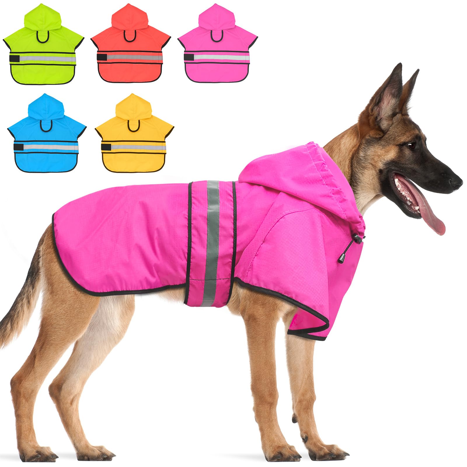 Candofly Reflective Dog Raincoat - Waterproof Dog Rain Jacket With Leash Hole, Hooded Dogs Ponch Slicker For Large Dogs (Pink, X