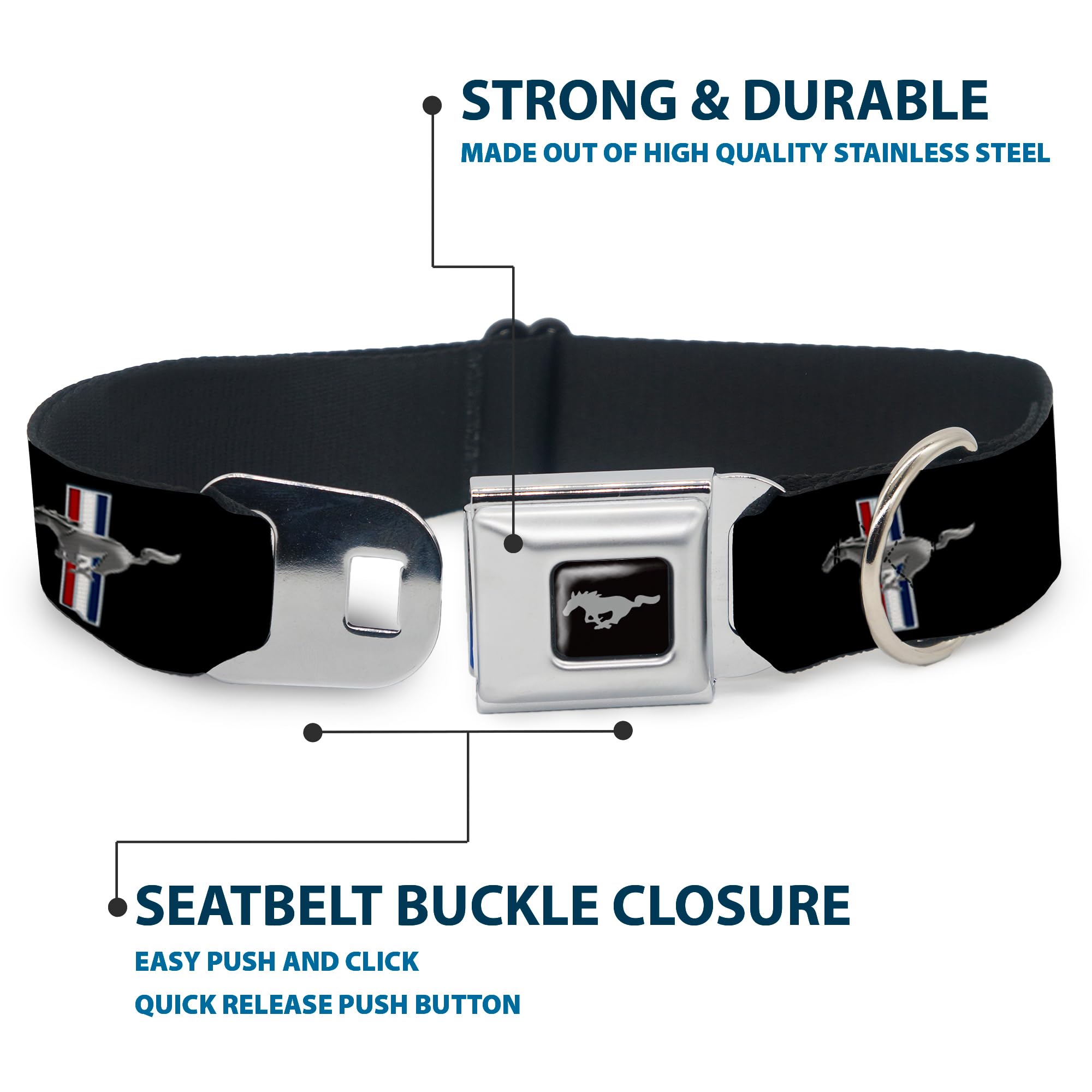 Buckle-Down Seatbelt Buckle Dog Collar - Ford Mustang W/Bars Logo Repeat - 1.5'' Wide - Fits 13-18'' Neck - Small