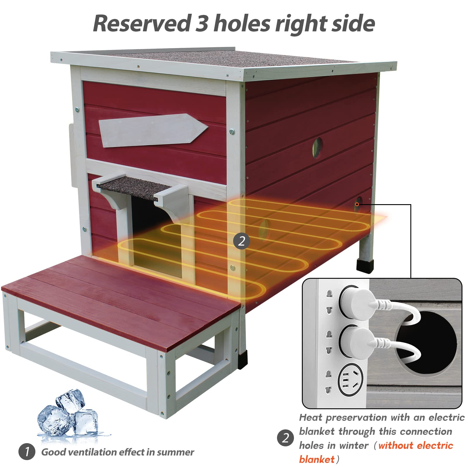 Rockever Outdoor Cat House - Large Weatherproof Wooden Shelter for Feral Cats, Escape Door, Wine Red, Model 4002r