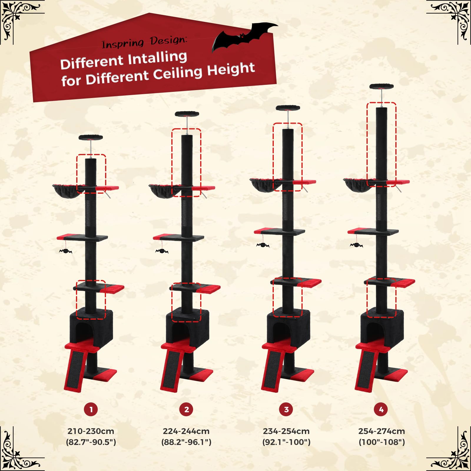 Petepela Floor To Ceiling Cat Tree, Gothic Cat Tower 5 Tiers Tall (83-108 Inches) Adjustable Height, Cats Climbing Tree Featurin